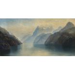 Amberger. Maler des 19. Jh. Sign. Blick auf Königssee und Watzmann. Öl/Lwd. 70 x 139 cm. R- - -27.00