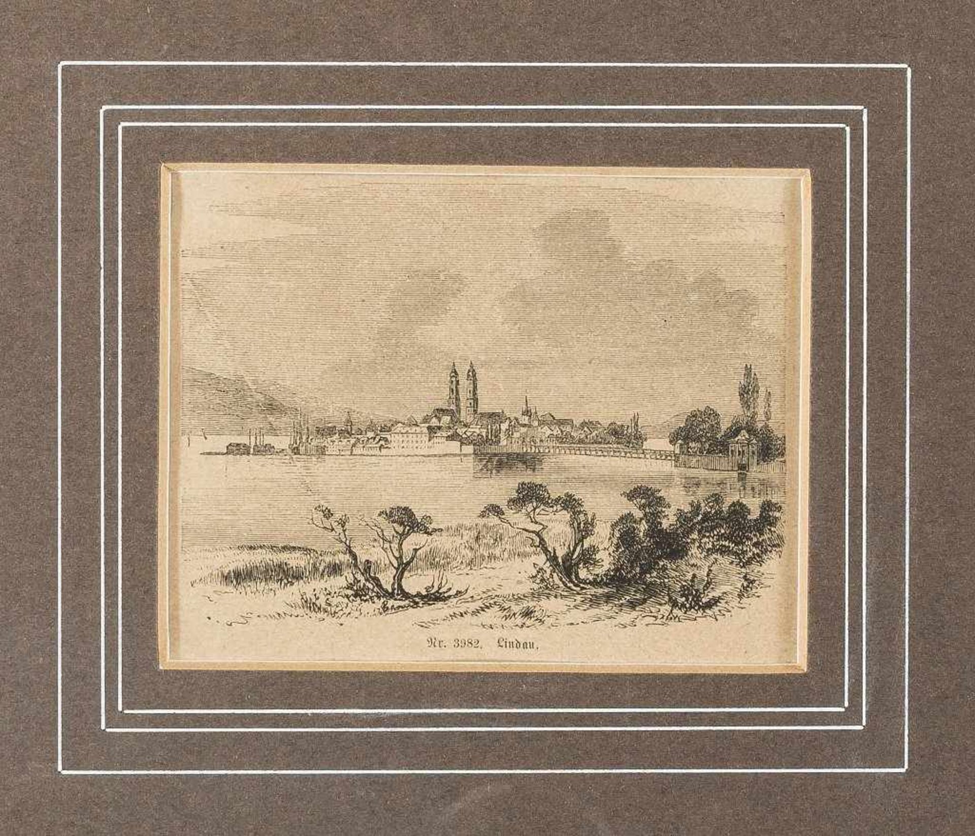 Lindau. Blick vom Toscana-Ufer über die Brücke auf die Insel. Holzstich, Ende 19. Jh. Bildgr. 8 x