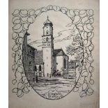 Lindau. "St. Stephan Lindau". Blick auf die Kirche vom Pfaffengässele aus. Ansicht im Medaillon