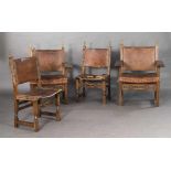 Vier Stühle im spanischen Barockstil, davon zwei mit Armlehnen. Ziervasen als Pfostenbekrönung.