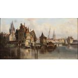 Ludwig Hermann van Hoom. 1812 - 1881. Sign. Rs. bet. "Parthie am Hafen von Dordrecht". Öl/Holz. 25,5