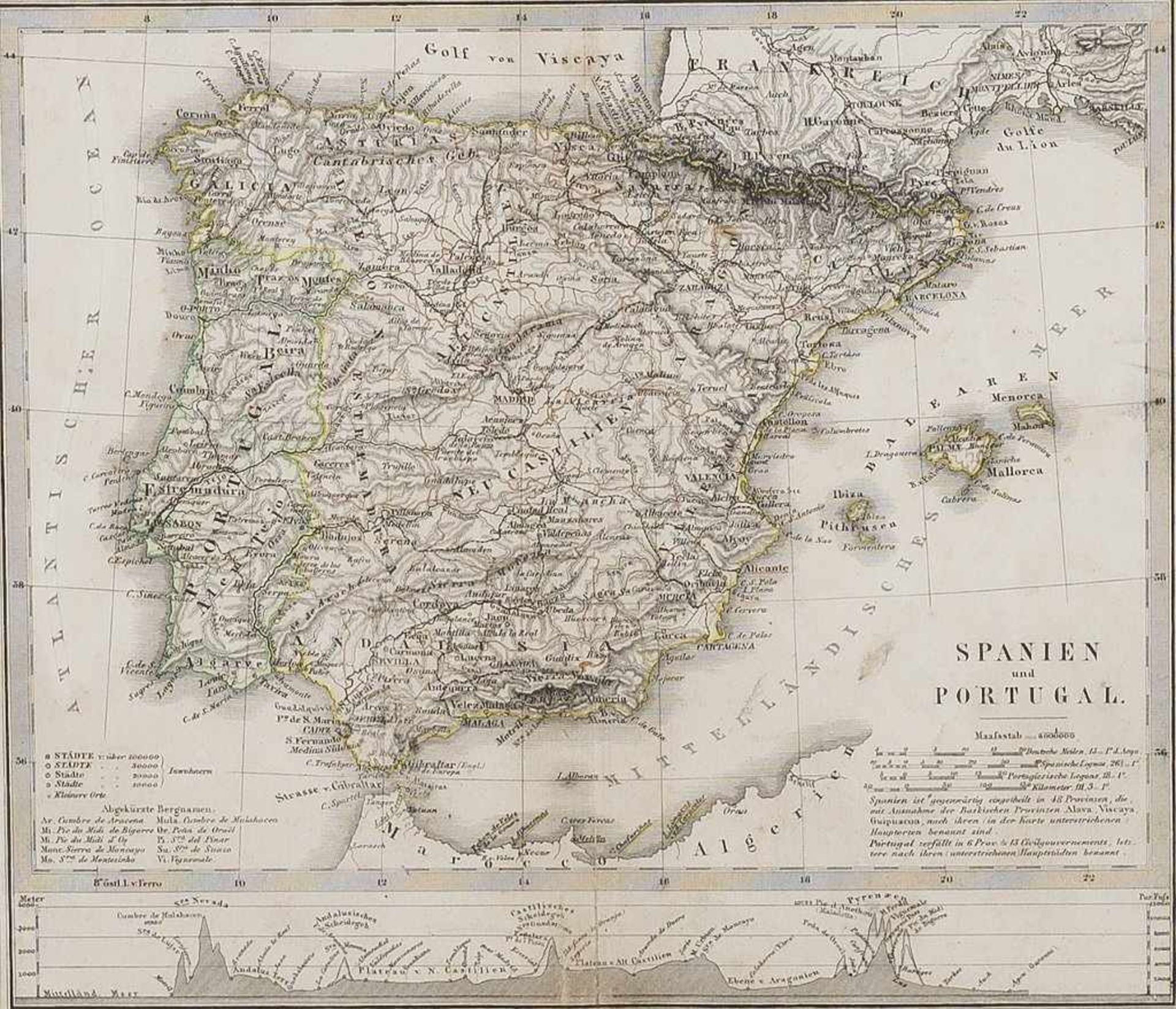 "Spanien und Portugal". Teilkol. Stahlstich bei Justus Perthes Gotha, um 1865. Bildgr. 20 x 23,5 cm.