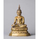 Sitzender Buddha auf doppeltem Lotossockel. Dhyana Asana. Bhumisparsa Mudra. Bronze. Südostasien, um