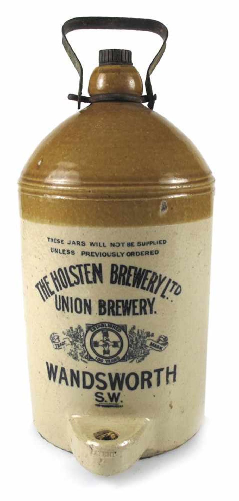 Bierfass aus SteinzeugH. 35 cmMit Henkel. "THE HOLSTEN BREWERY Ltd. UNION BREWERY WANDWORTH S.W.".