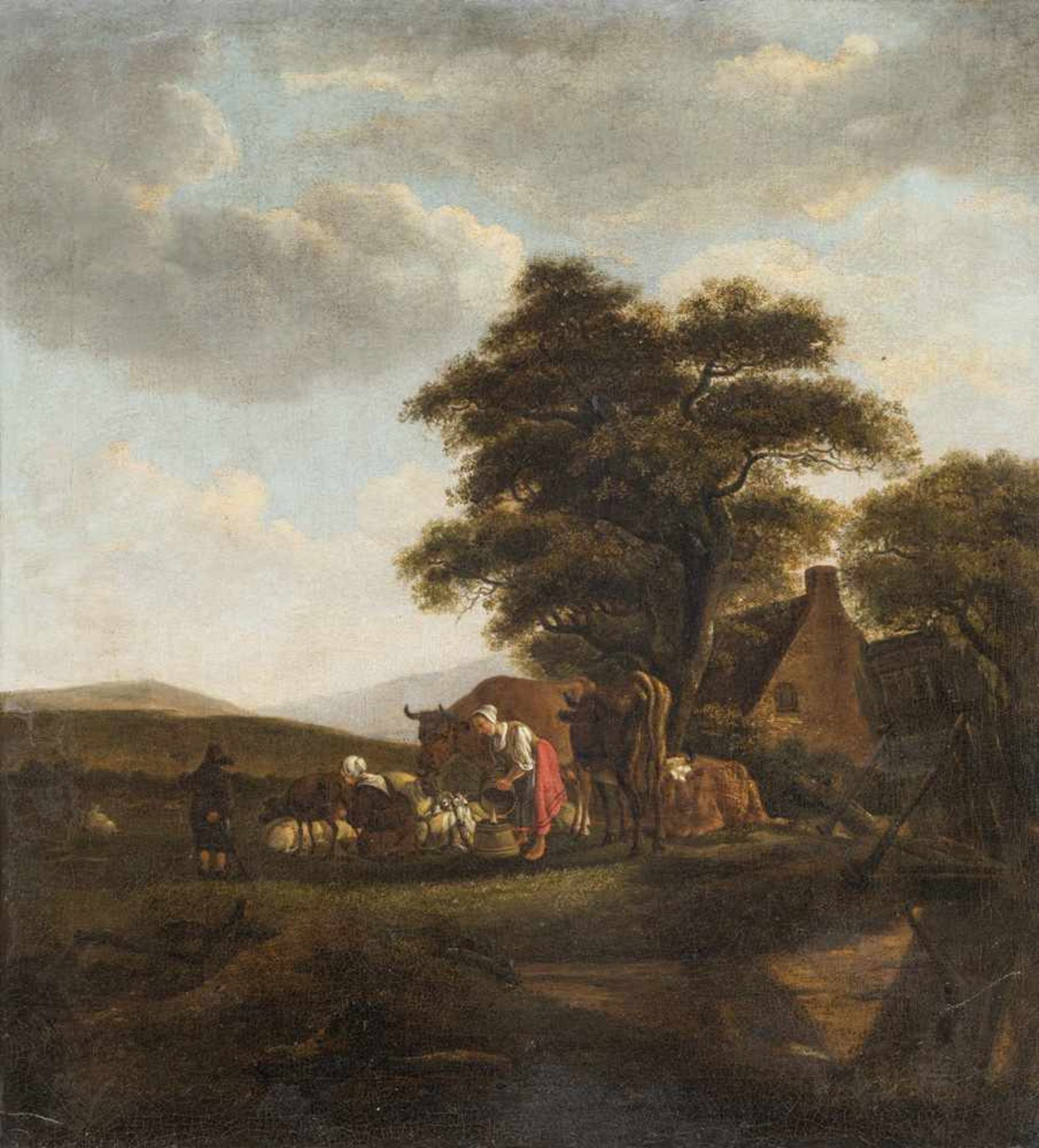 Velde, Adriaen van de (attr.)Amsterdam 1636 - 167257 x 52 cmMelkende Bäuerinnen am Gehöft vor