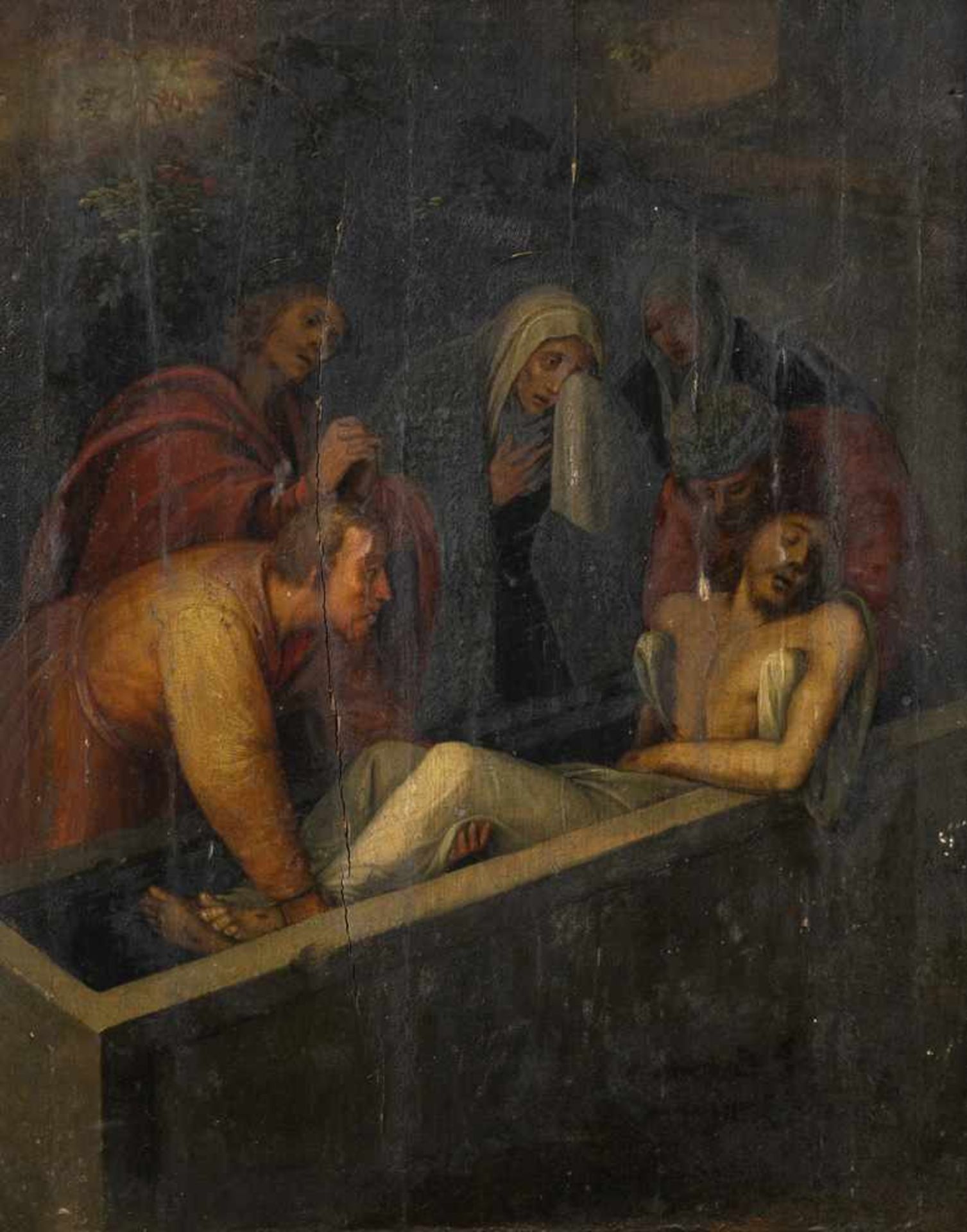 Flämische Schule17. Jahrhundert40 x 32 cmGrablegung Christi. Öl/Holz.Provenienz: Alter Adelsbesitz