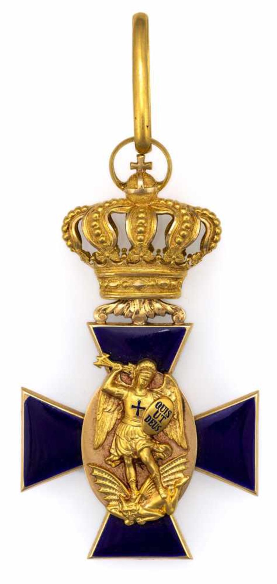 Bayern Orden vom Hl. Michael H. 8,5 cm Ritterkreuz, 2. Klasse. Gold, blau emailliert. Ein Kreuzarm