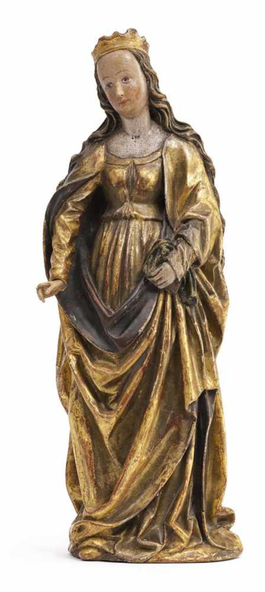 Stehende HeiligePassau, um 1520H. 44/49 cmWohl Heilige Barbara. Stehende Figur aus Lindenholz,