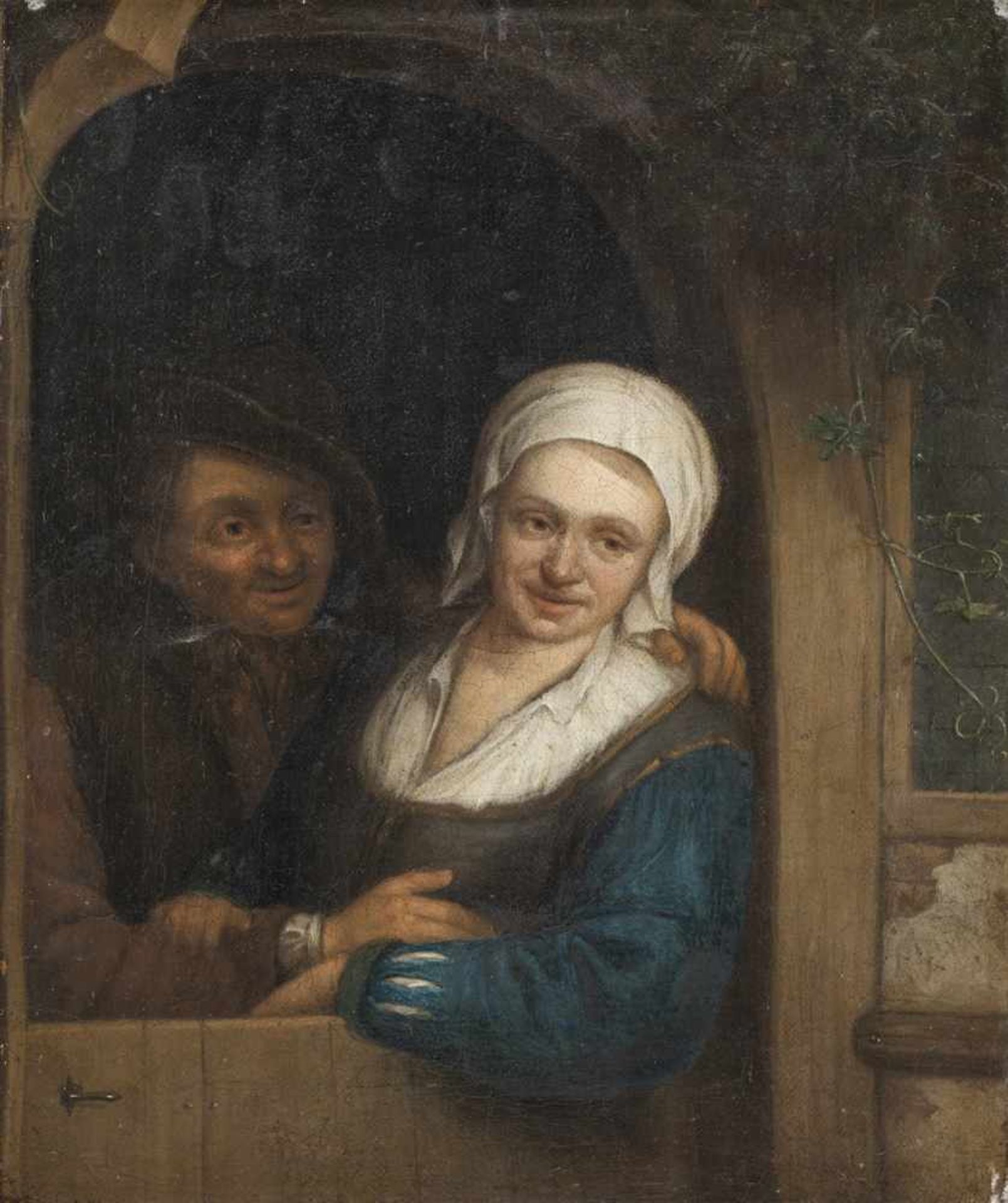 Ostade, Adriaen van (Nachfolger)Haarlem 1610 - 168432 x 27 cmPaar im Hauseingang. Öl/Lwd./Lwd.