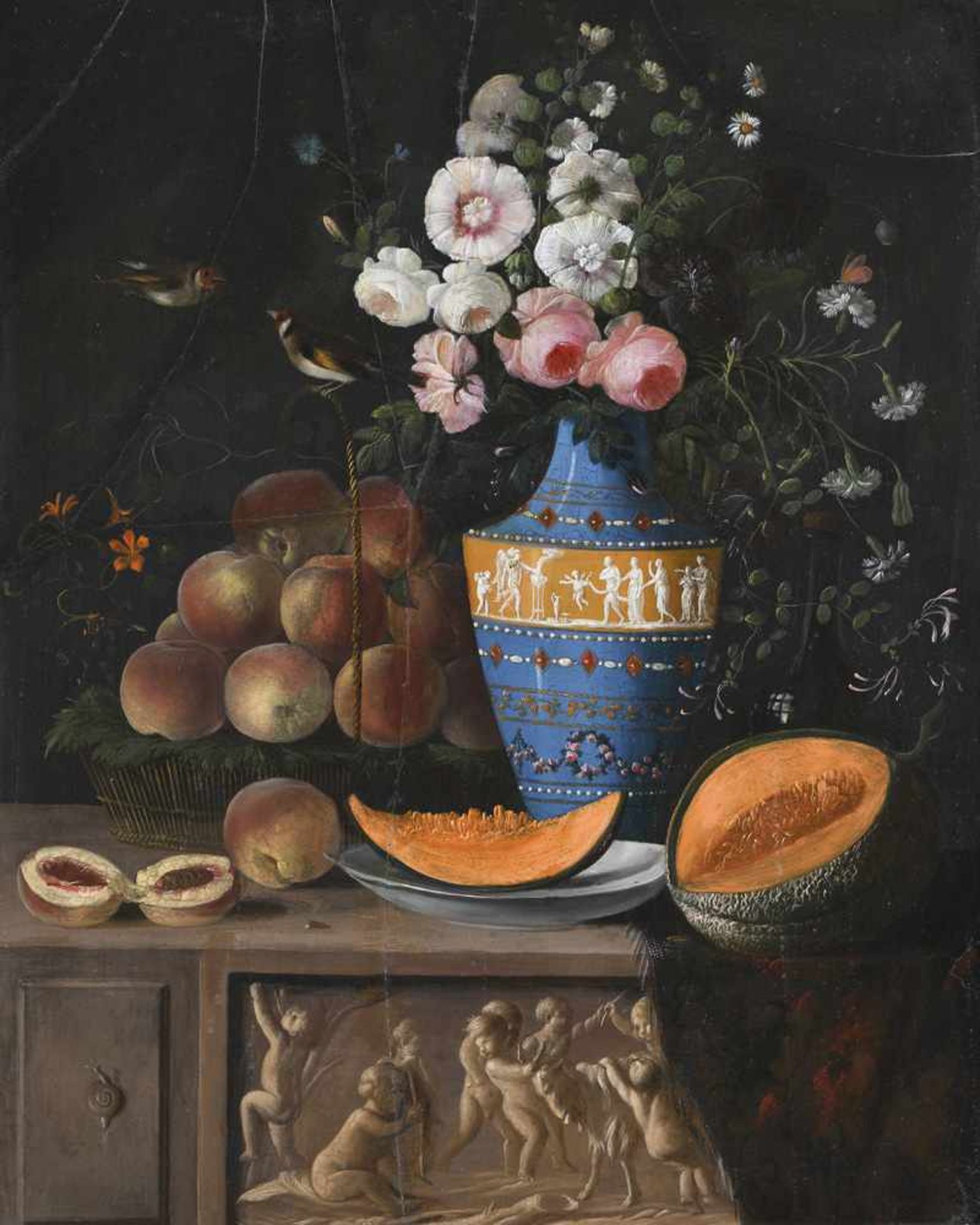 Österreich19. Jahrhundert63 x 48 cmStilleben mit Pfirsichen und Melonen sowie einem Rosenstrauß in