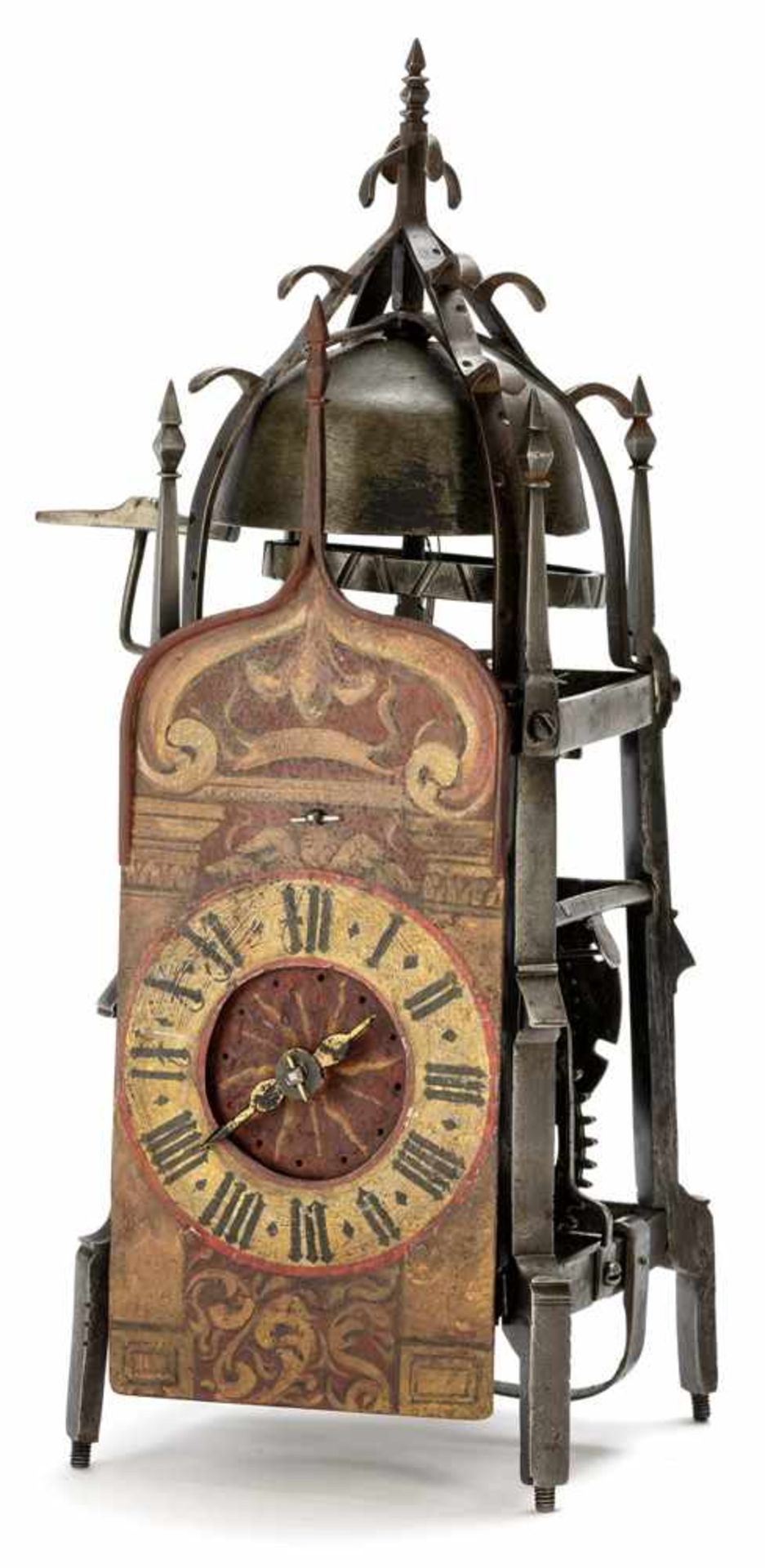 Gotische EisenräderuhrWohl süddeutsch, 16. JahrhundertH. 38 cmGeschmiedetes, offenes Eisengehäuse.