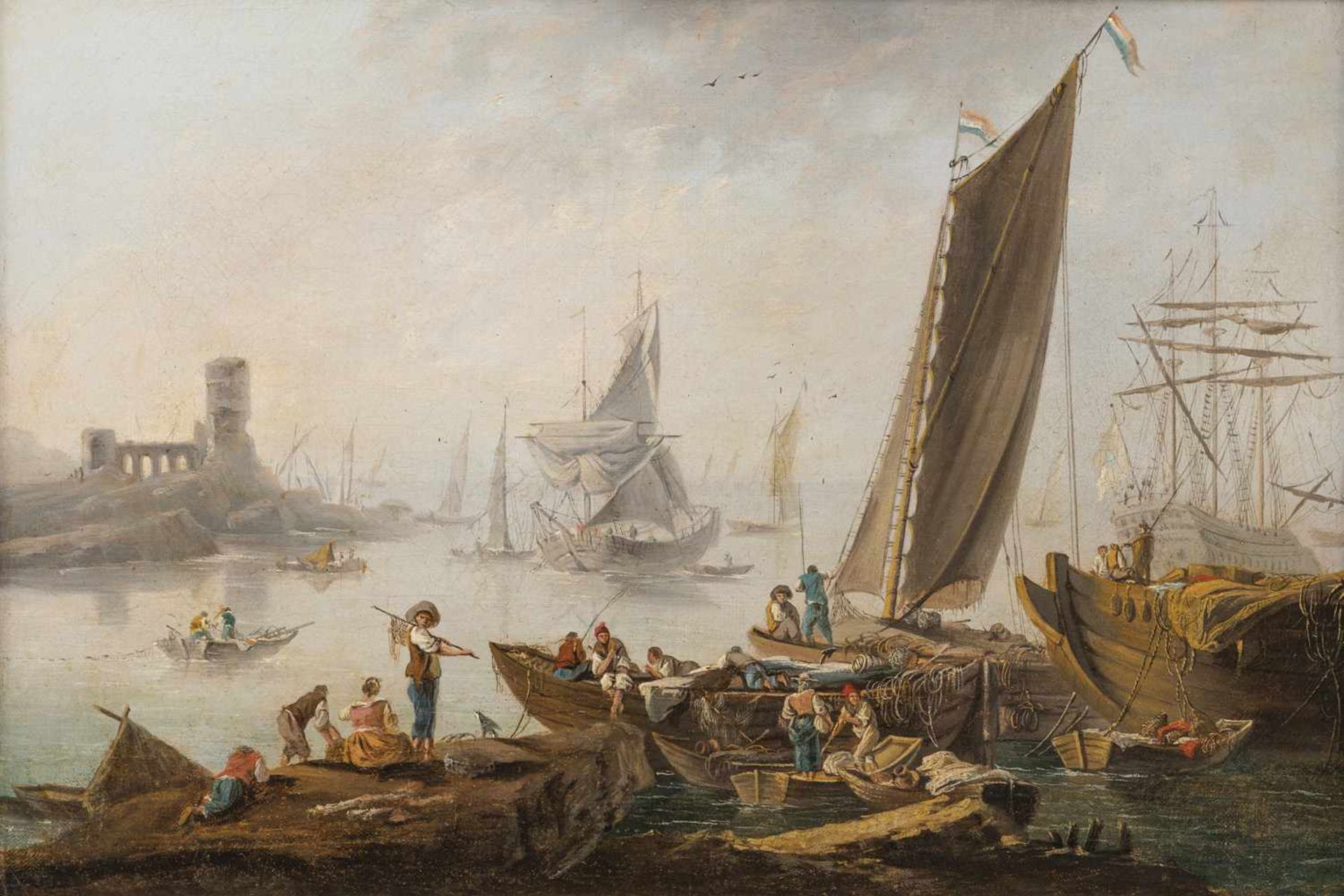 Pillement, Jean (Kreis)Lyon 1728 - 180827 x 41 cmSeehafen im frühen Morgenlicht. Öl/Lwd./Lwd.