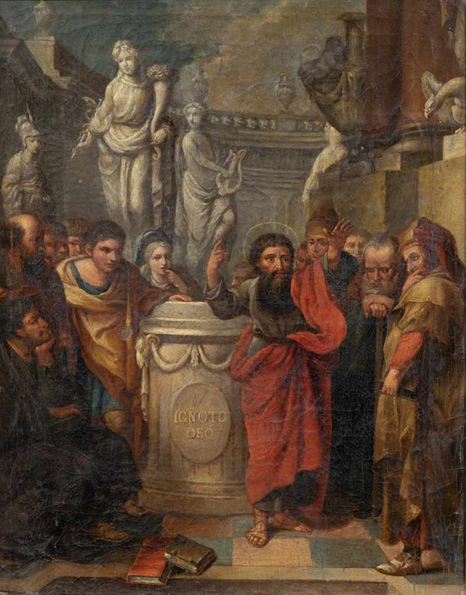 Italien17./18. Jahrhundert48 x 38 cmDer heilige Paulus am Altar des unbekannten Gottes. Öl/Lwd.