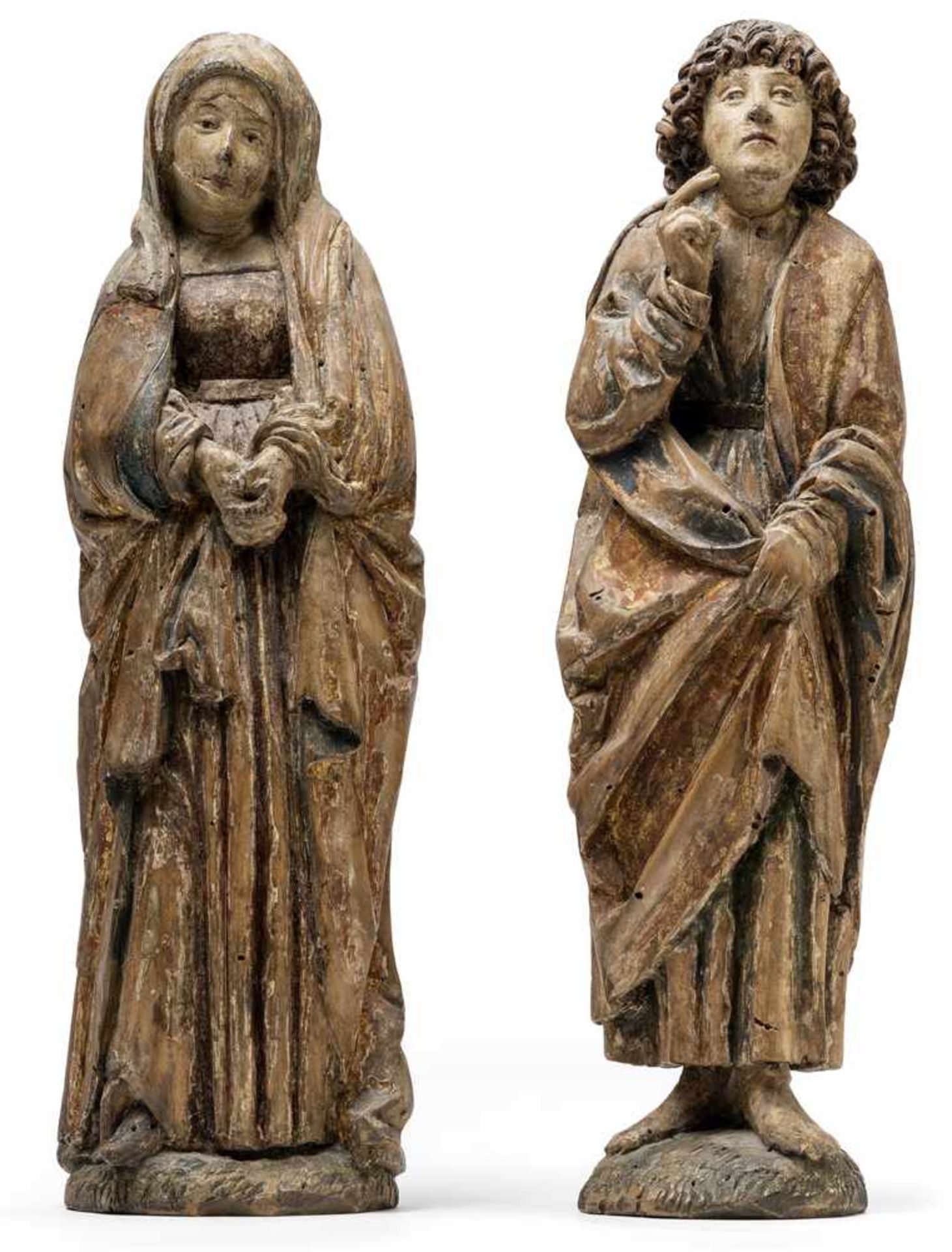 Trauernde Maria und JohannesBayerisch Schwaben, um 1490H. 26 cmLinde, vollrund gearbeitet.