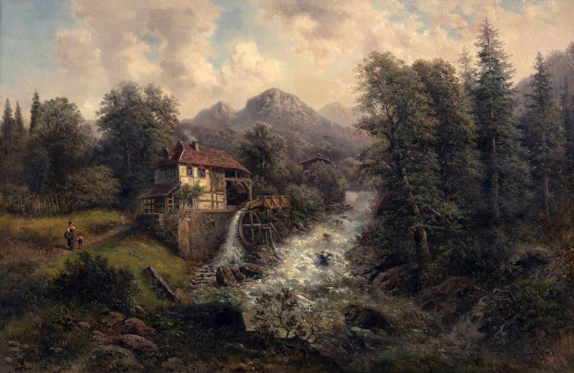 Doré, Joseph (attr.)1805 - Frain (Mähren) 187869 x 106 cmBewaldete Gebirgslandschaft mit einer Mühle