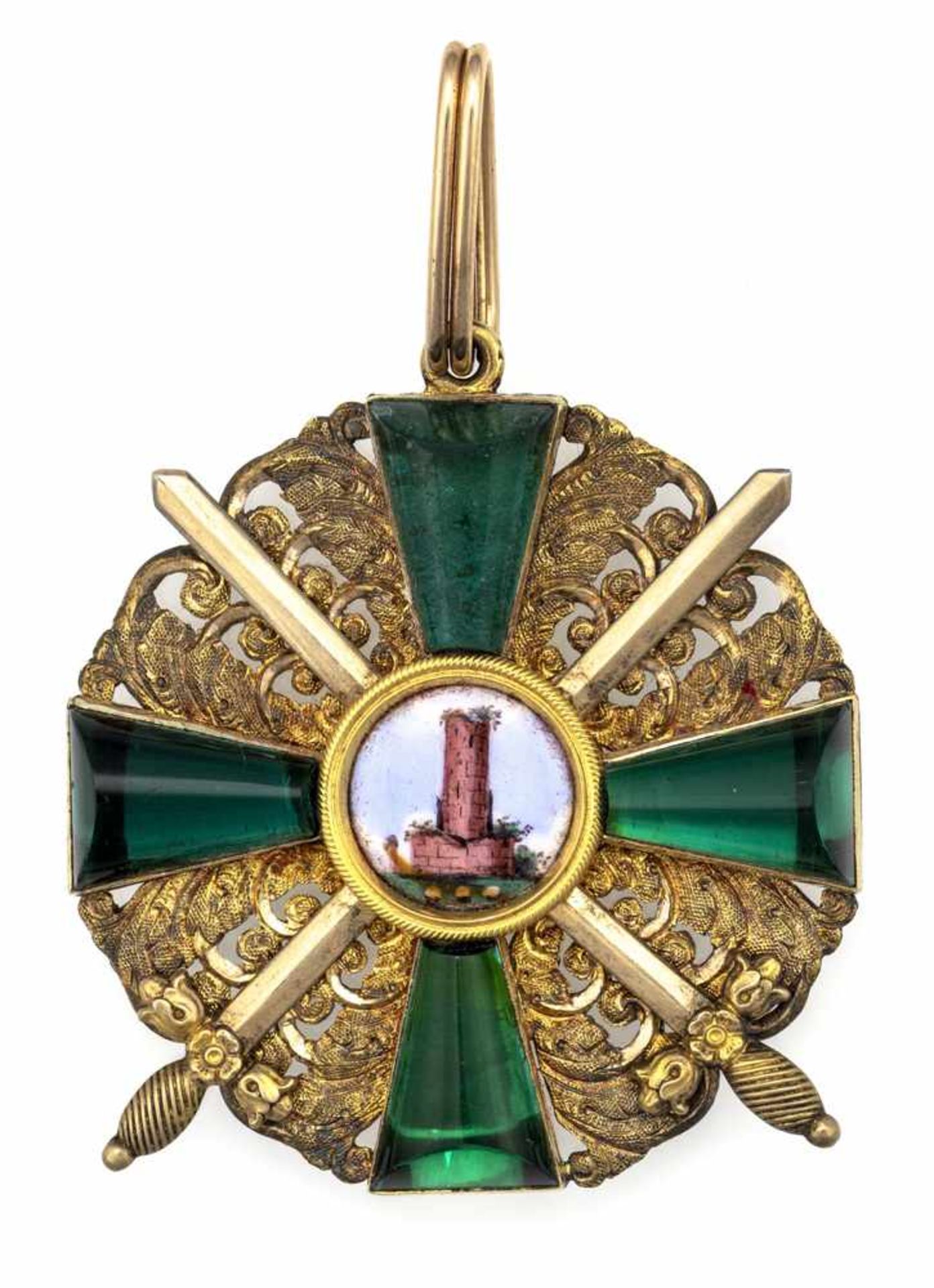 BadenOrden vom Zähringer LöwenH. 5,5 cmRitterkreuz mit Schwertern. Gold, emailliert, grüner