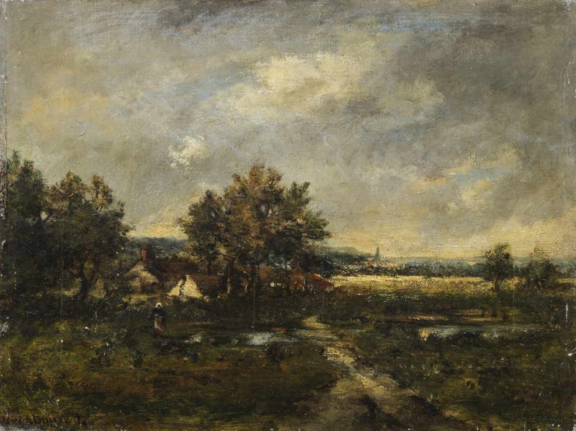 Dupré, VictorLimoges 1816 - L´Isle Adam 187925 x 33 cmWolkenverhangene Landschaft mit Bauernhäusern.