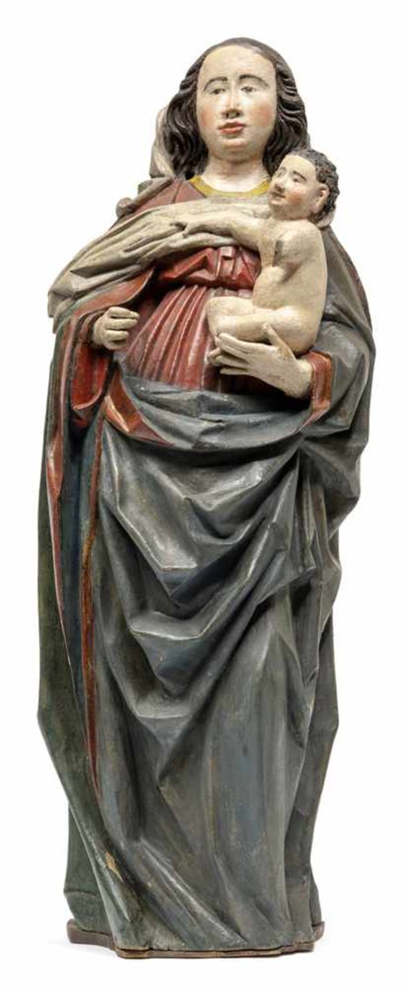 Madonna mit KindOberschwaben, um 1500/20H. 76 cmLinde, rückseitig stark gehöhlt. Stehende Figur in