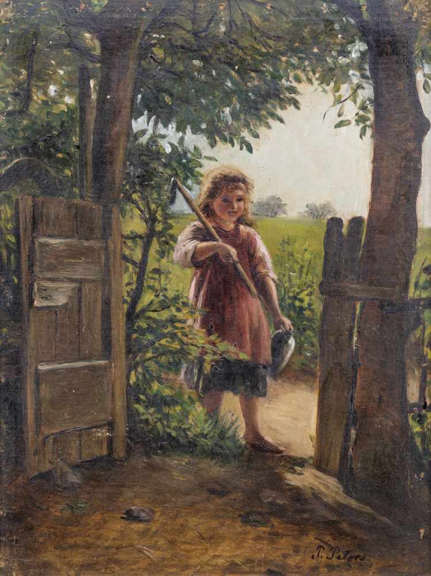 Peters, PietronellaStuttgart 1848 - 192442 x 32 cmJunges Mädchen am Gartentor. Öl/Lwd./Karton, unten