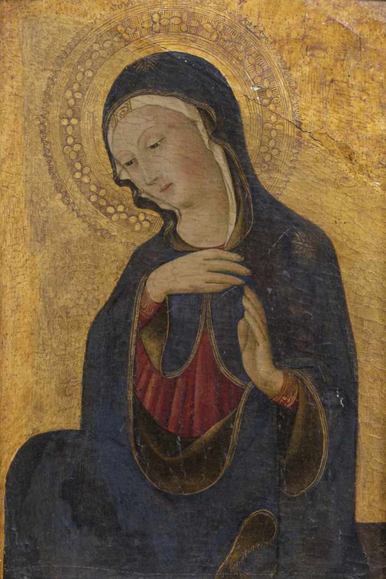 ItalienRückseitig auf altem Holzschild betitelt: Sienesischer Meister, 15. JH., Maria von einer