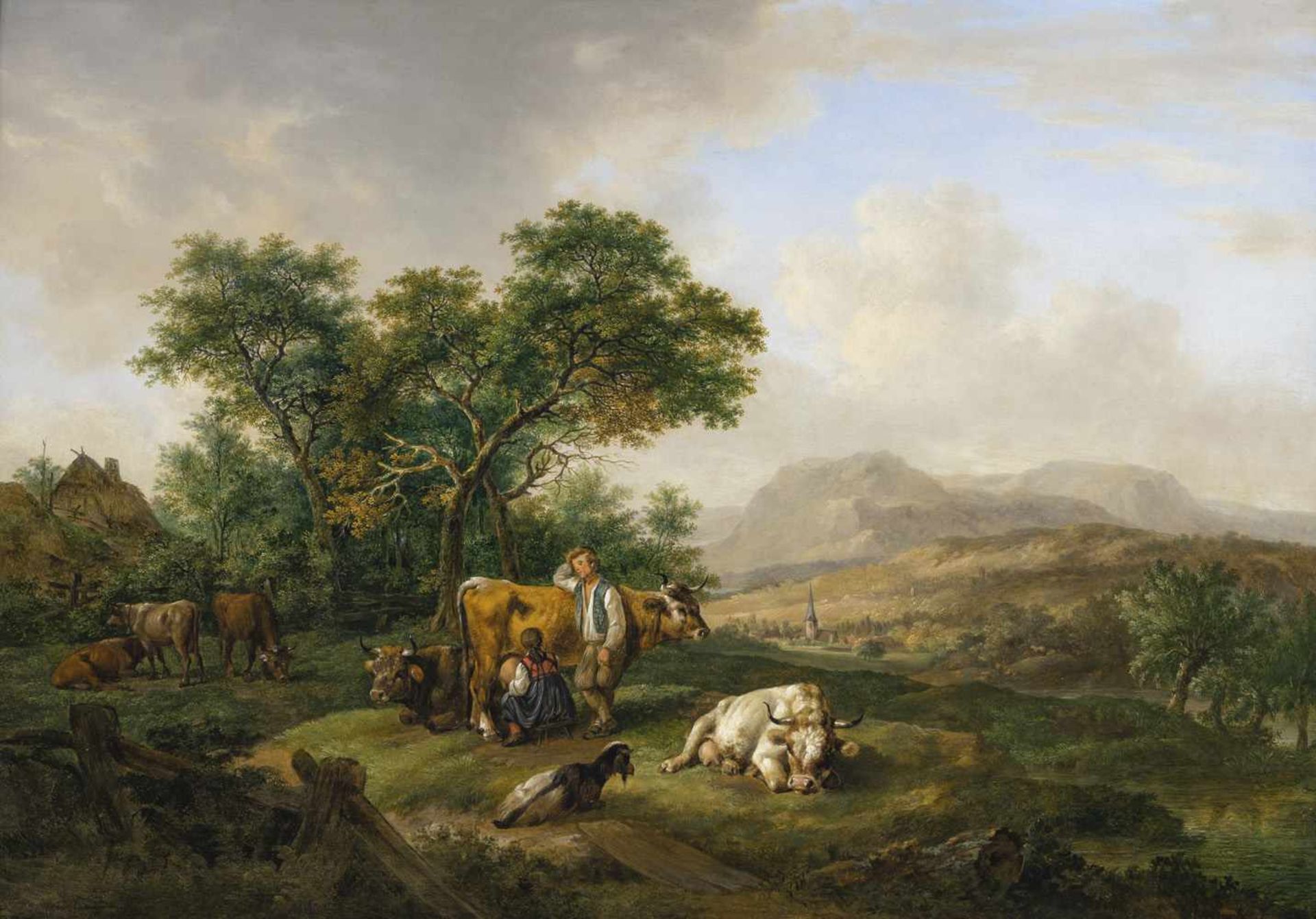 Kuntz, KarlMannheim 1770 - Karlsruhe 183064 x 46 cmLändliches Idyll mit jungem Bauernpaar und Herde.