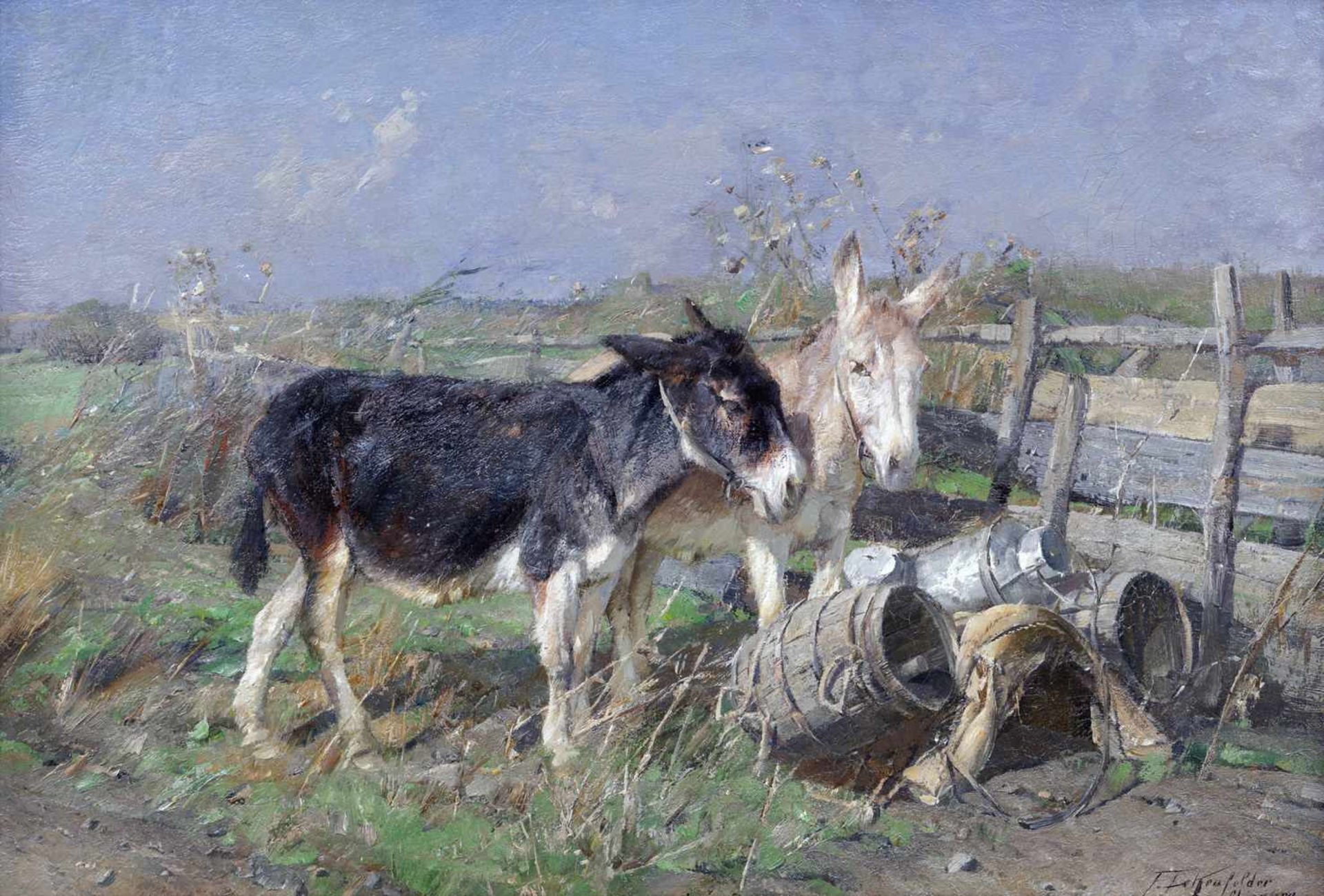 Eckenfelder, FriedrichBern 1881 - Balingen 193836 x 53 cmZwei Esel am Weidezaun. Öl/Lwd./Lwd., unten