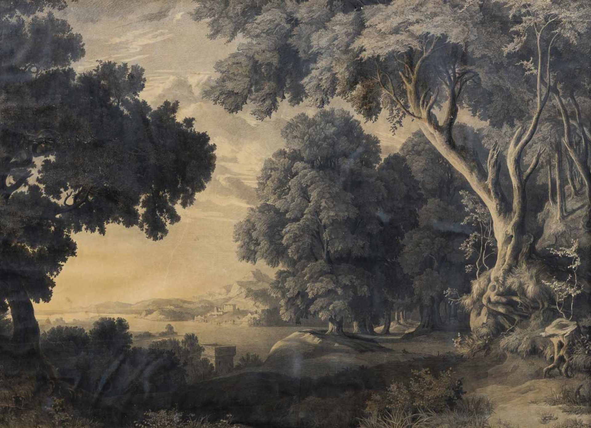 KlassizistUm 1800100 x 140 cmWeite bewaldete Landschaft mit Blick über einen See auf ein Ufer mit