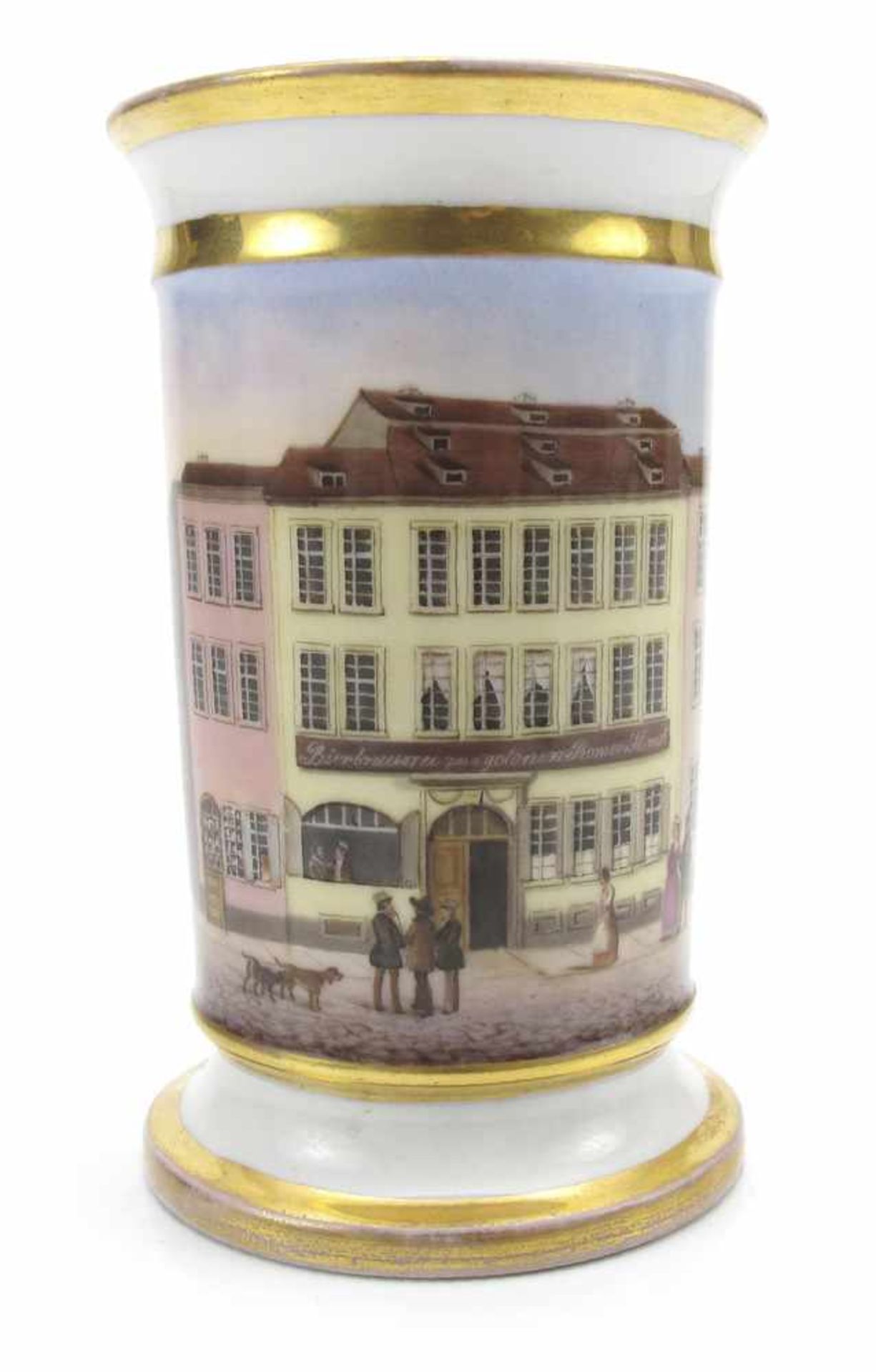 Studentika-Becher aus PorzellanDeutsch, datiert 1845H. 11 cmIn Goldreserve Ansicht der "Bierbrauerei