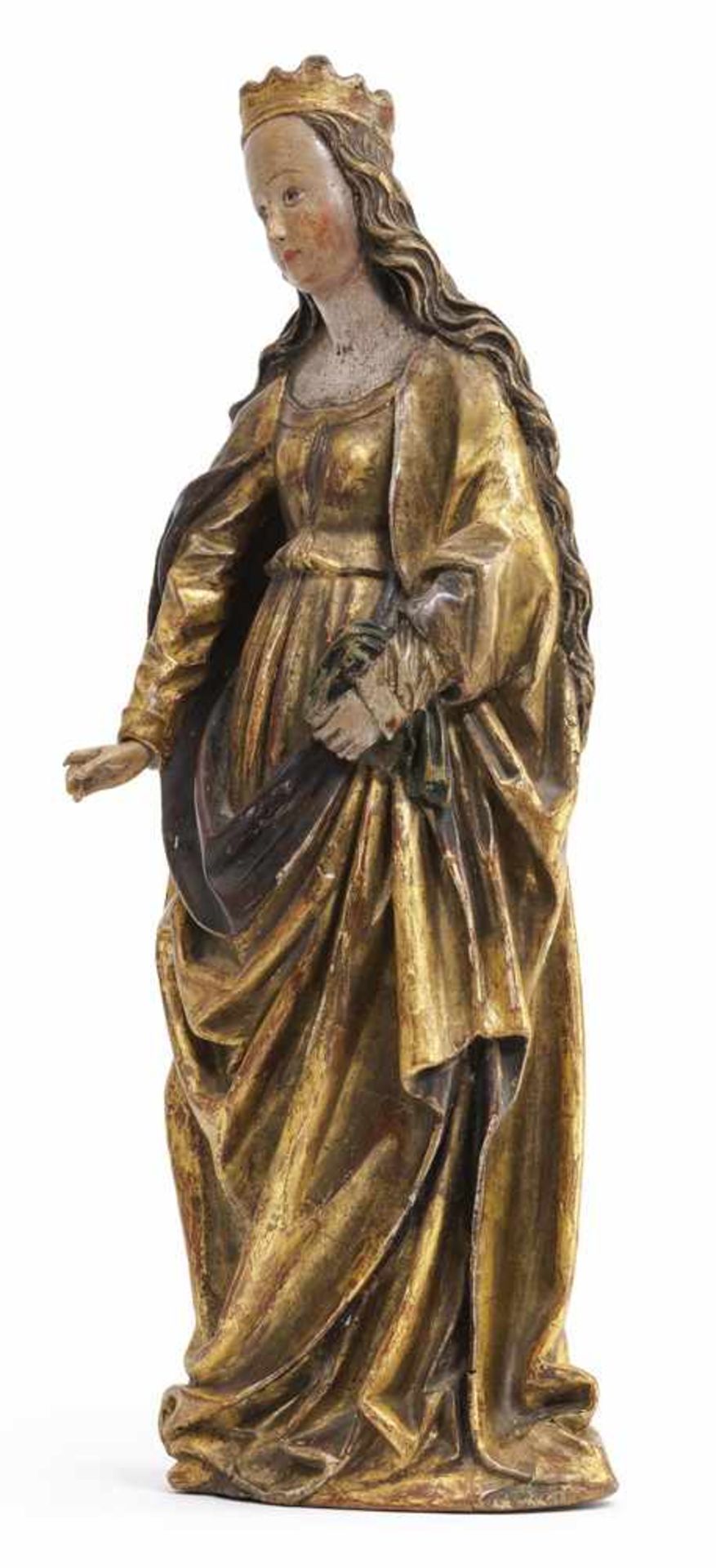 Stehende HeiligePassau, um 1520H. 44/49 cmWohl Heilige Barbara. Stehende Figur aus Lindenholz, - Bild 3 aus 5