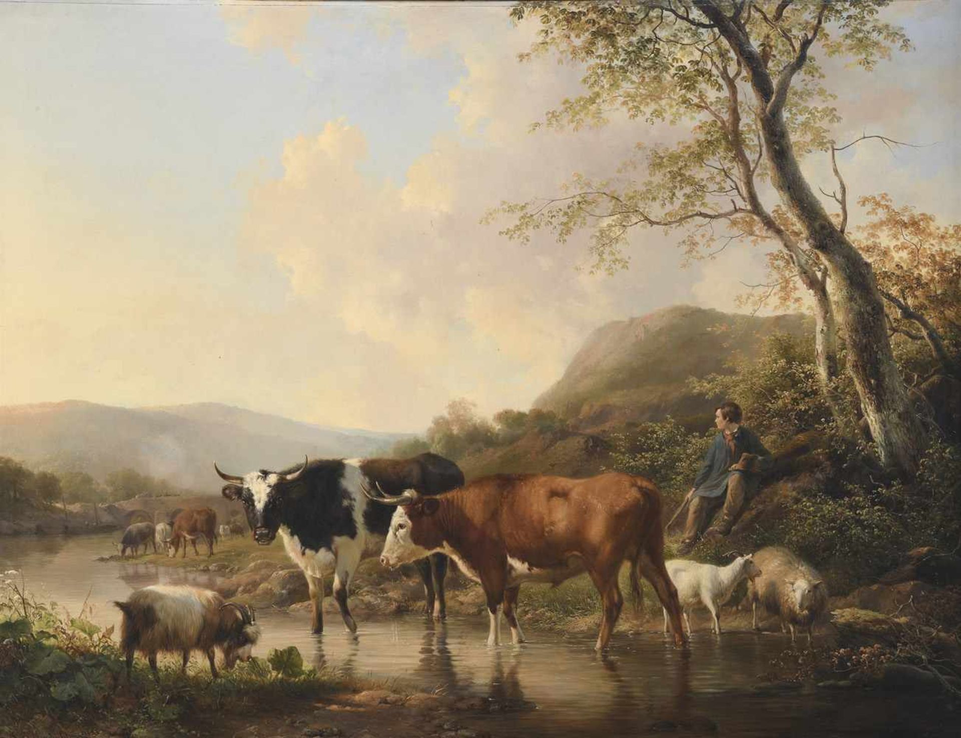 Bakhuijzen, Hendrik van de SandeDen Haag 1795 - 186092 x 118 cmHütejunge mit Viehherde am Flusslauf.
