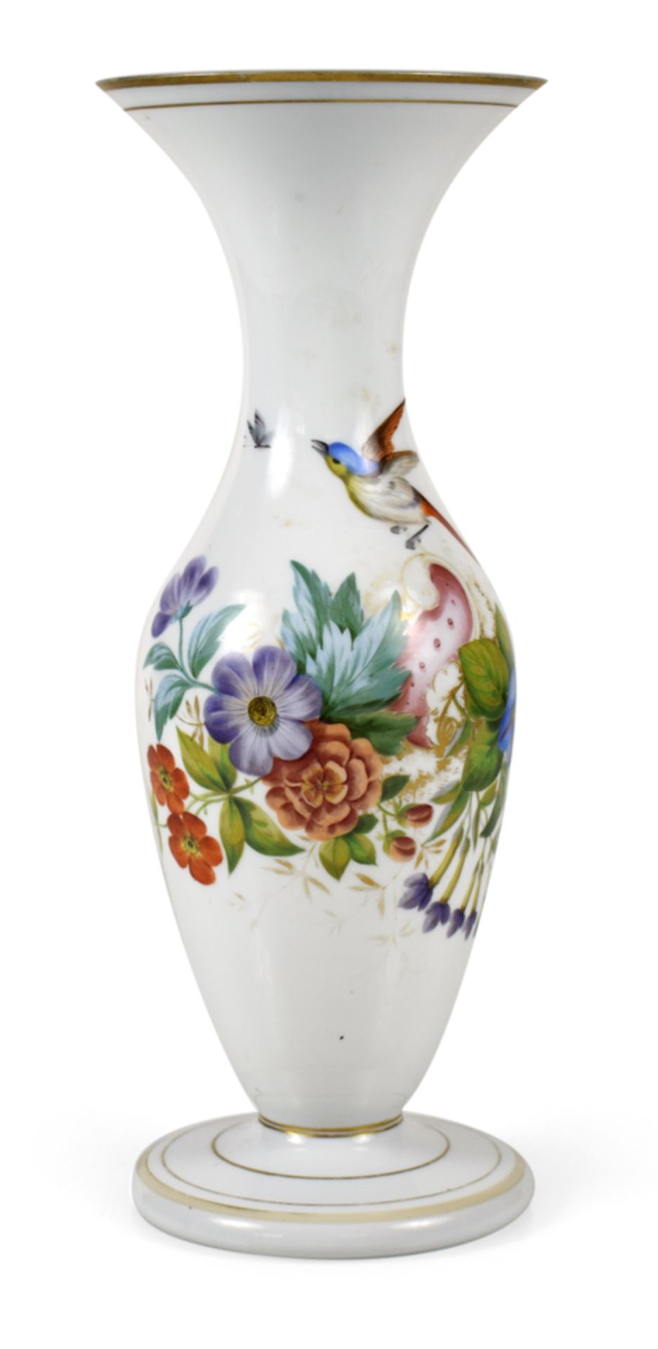 VASE, OPALINES GLAS, FLORALEBEMALUNG, 19.JH.H. 39,5 CM