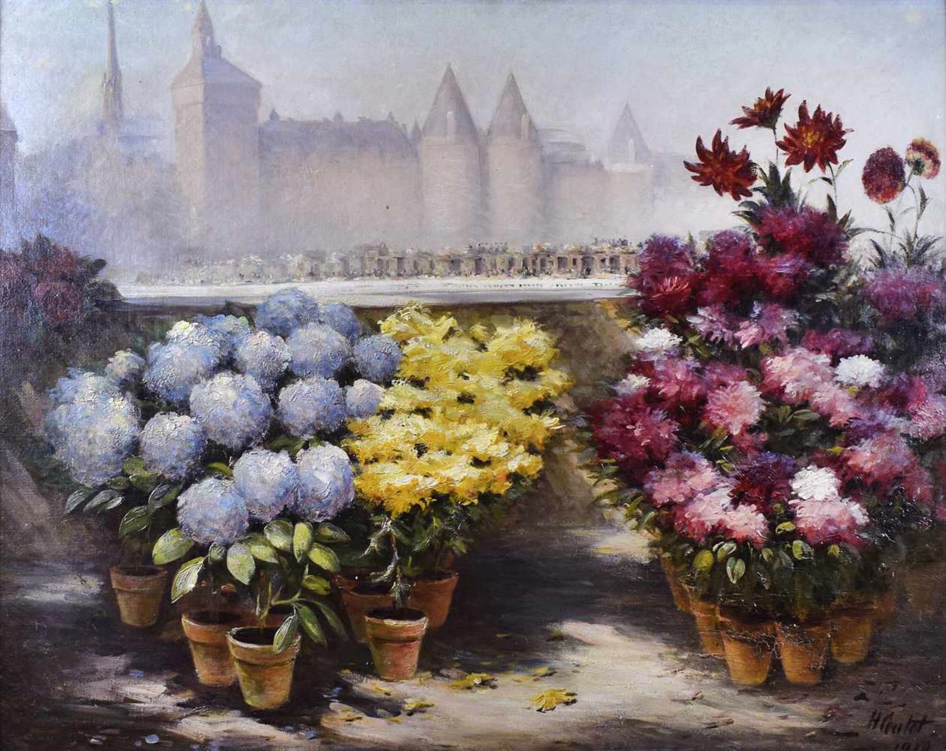 BEZ. H. COUTITQTSCHLOSS CARCASONNE M. BLUMEN70 X 80 CM