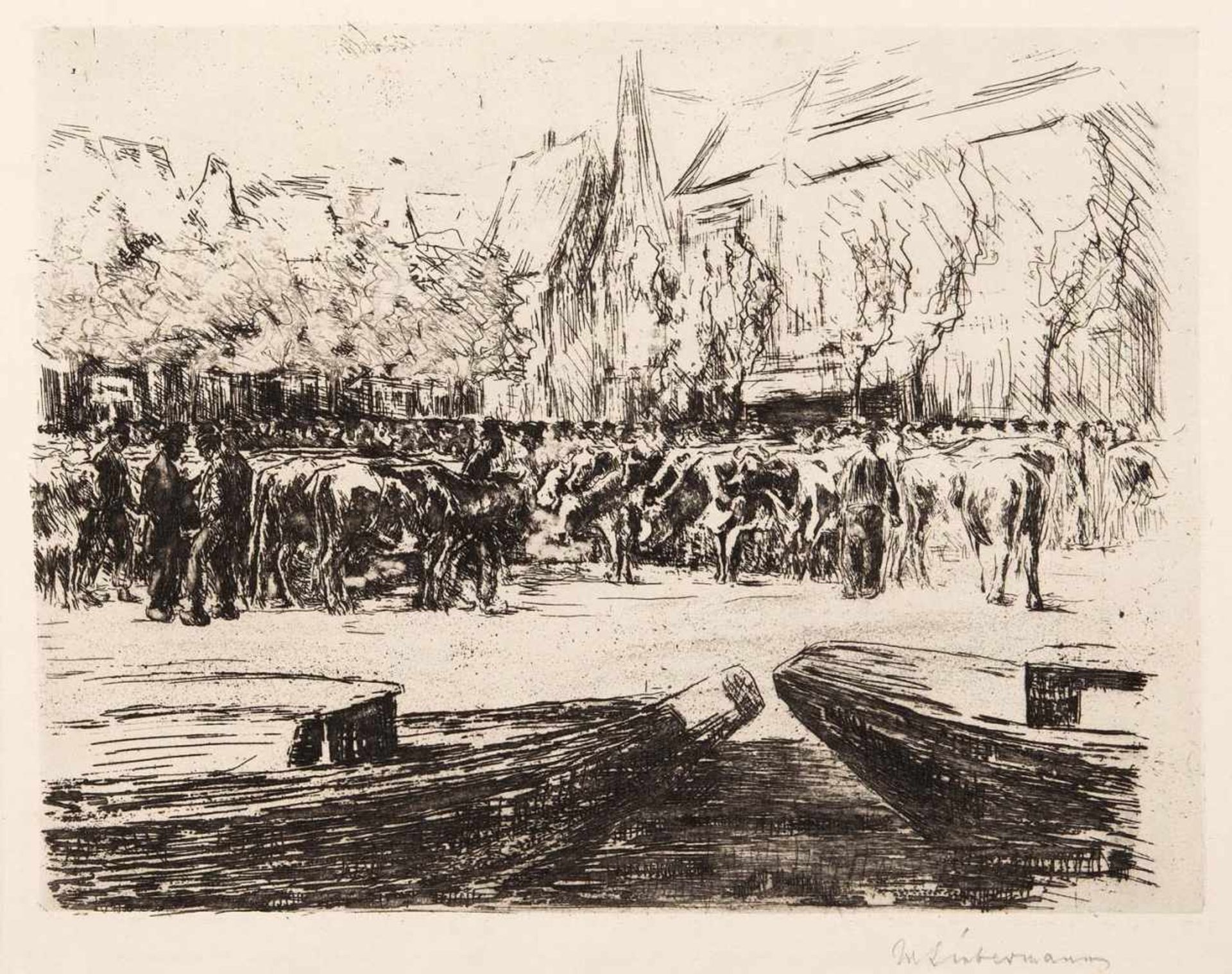 Liebermann, MaxBerlin, 1847 - 193523,5 x 30cm,o.R."Rindermarkt in Leiden", 1900. Radierung auf