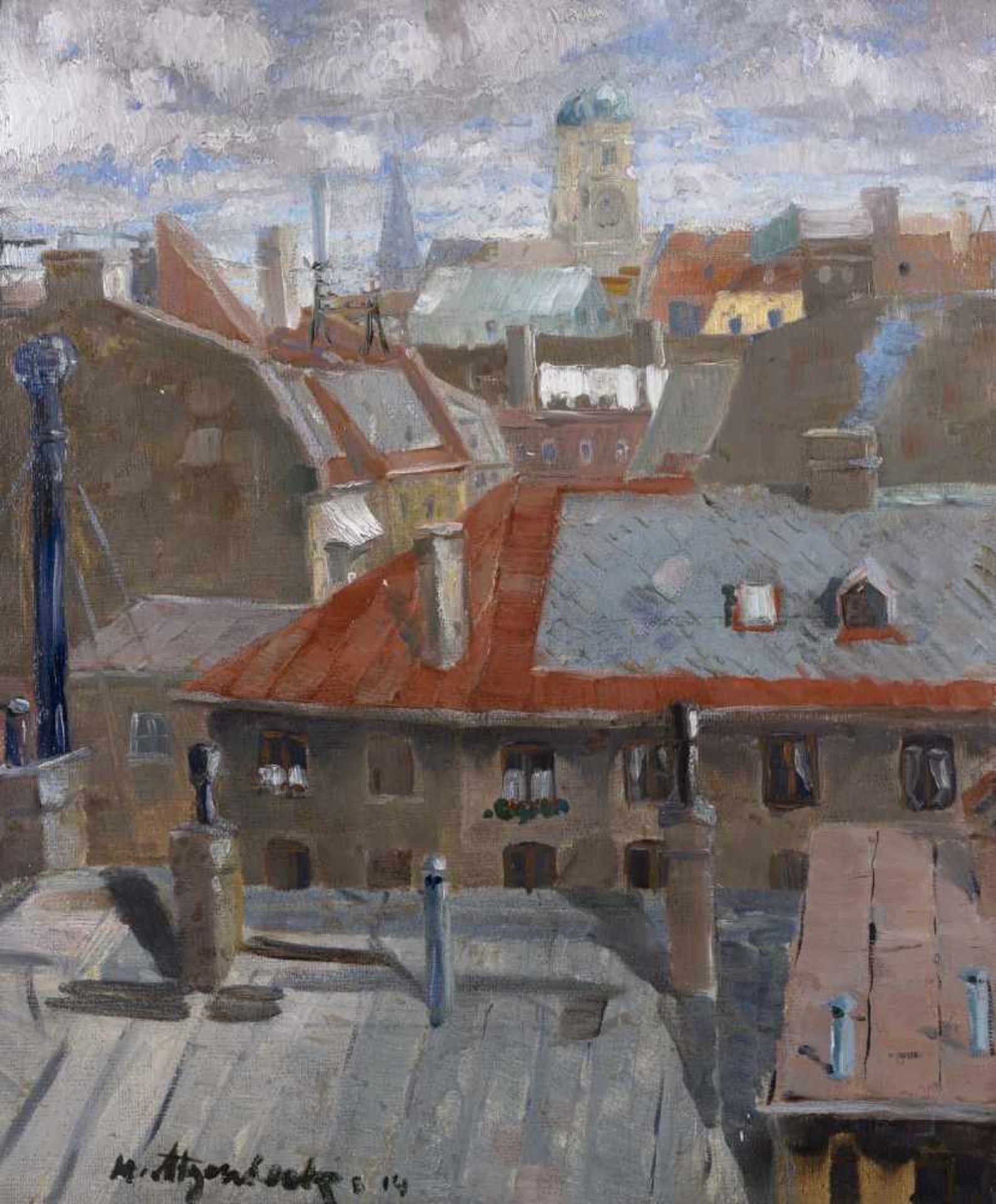 Atzenbeck, Hans1886 - ?55 x 47 cm,R.Ansicht von München mit Frauenkirche, 1914. Öl auf Karton. In Öl