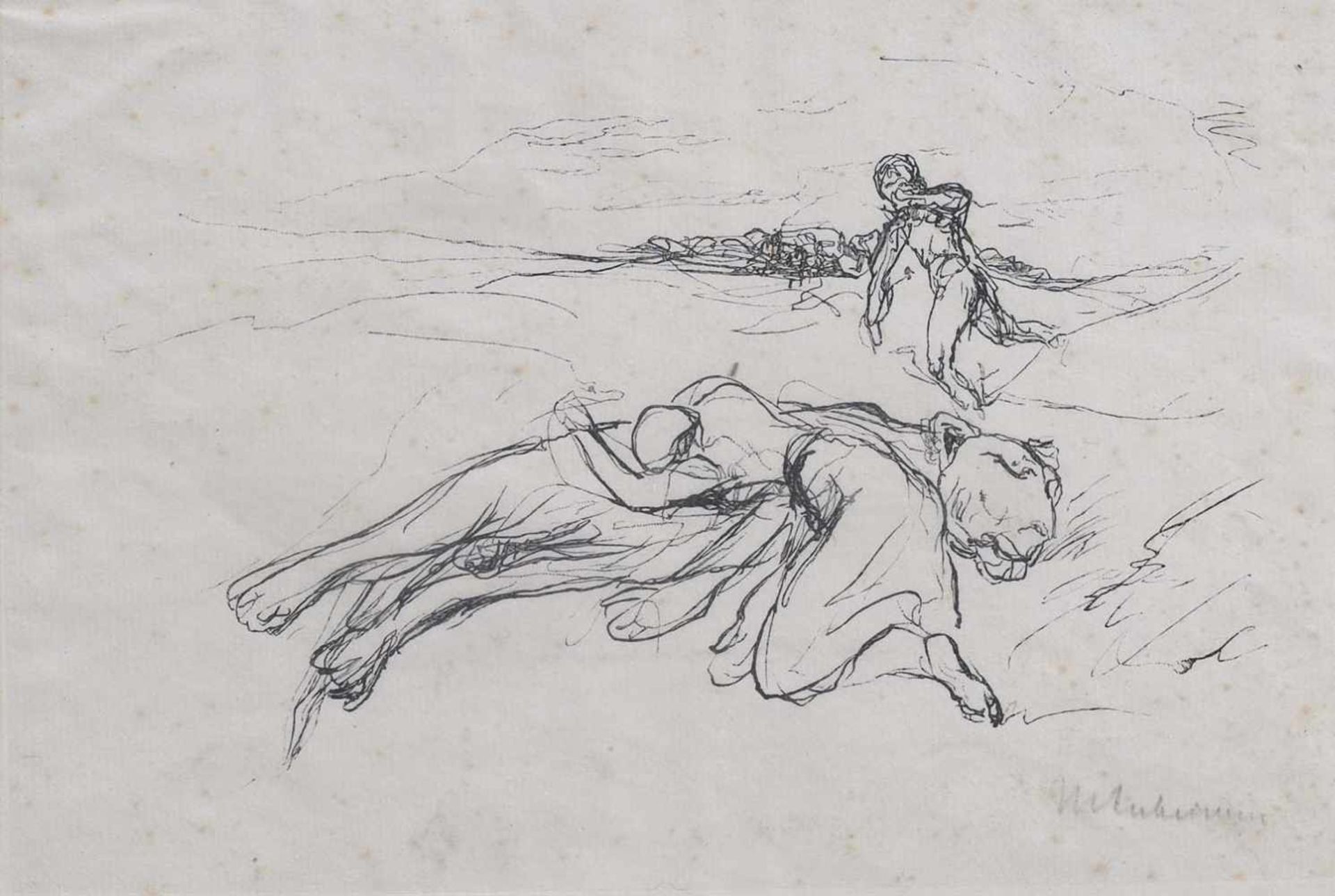 Liebermann, MaxBerlin, 1847 - 193511,3x16,3cm, R."Die klagende Tierbudenbesitzerin wirft sich über