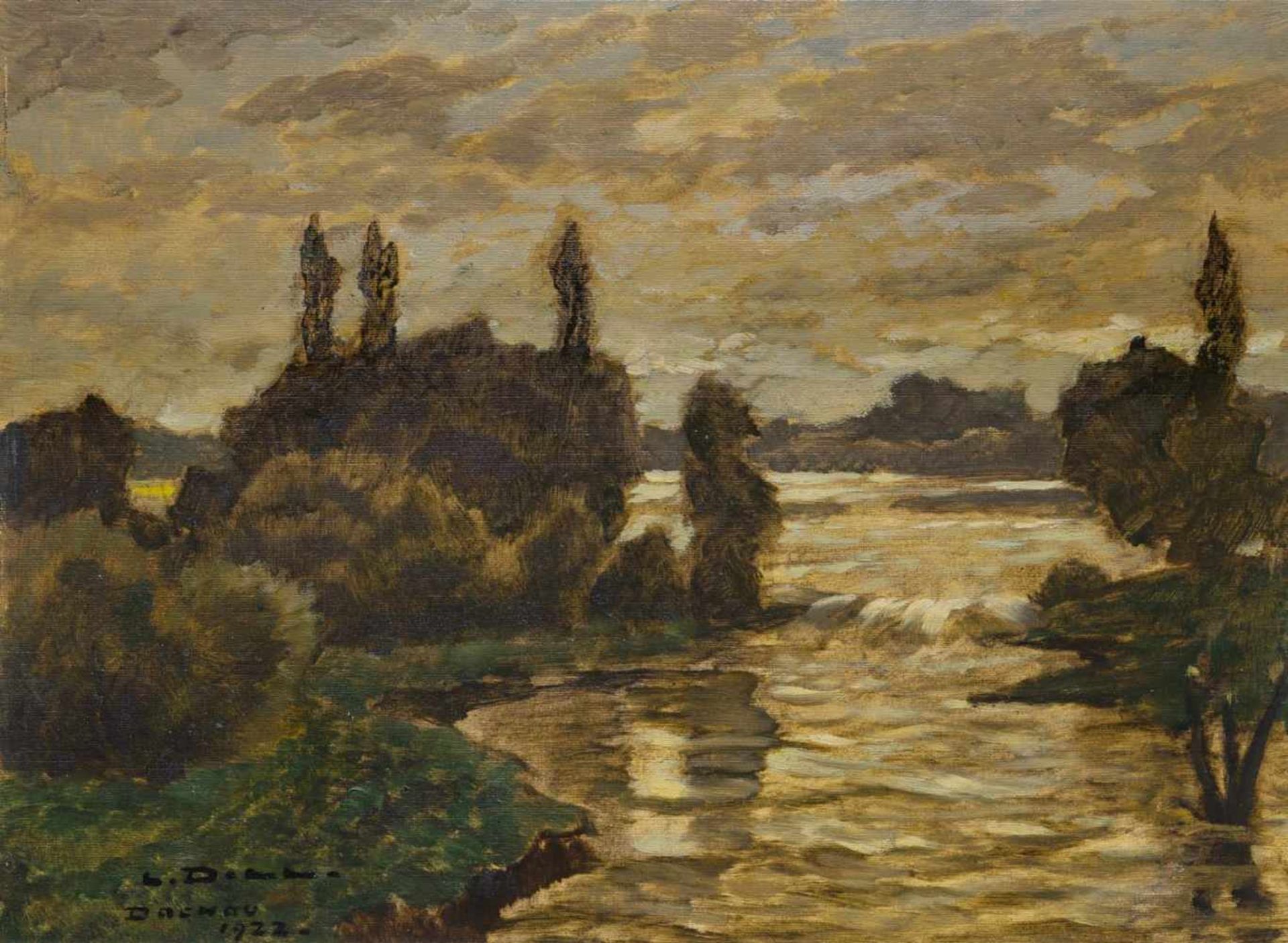 Dill, LudwigGernsbach, 1848 - Karlsruhe, 194037 x 59 cm,R."Hochwasser der Amper", 1922. Öl auf