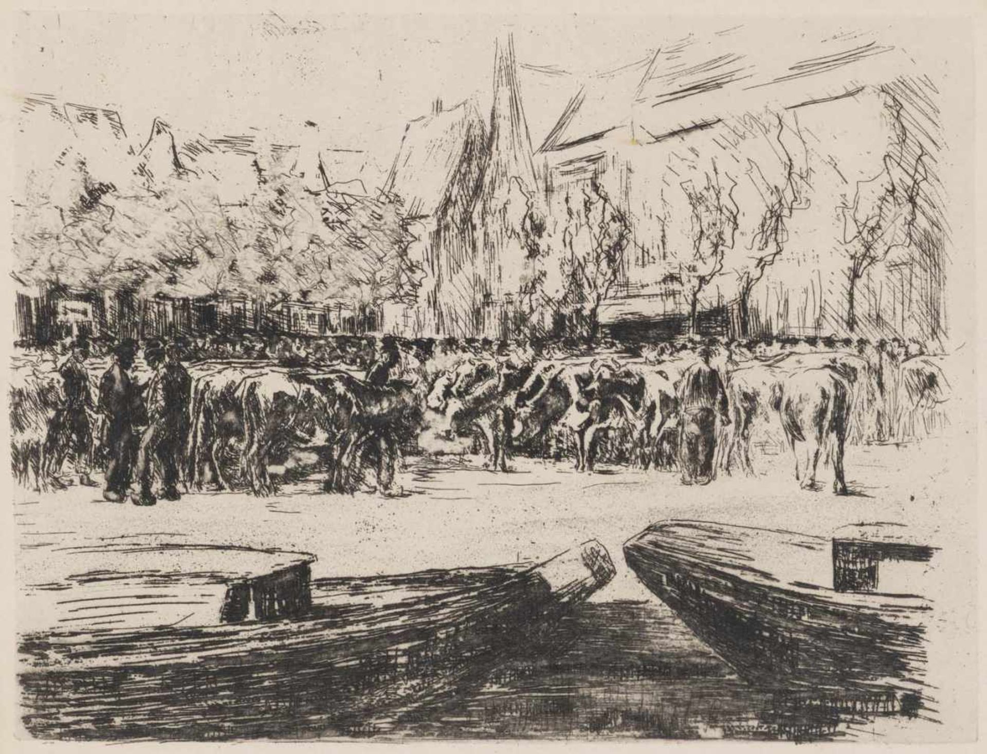 Liebermann, MaxBerlin, 1847 - 193521,2 x 28cm,R."Rindermarkt in Leiden", 1900. Radierung auf Bütten.