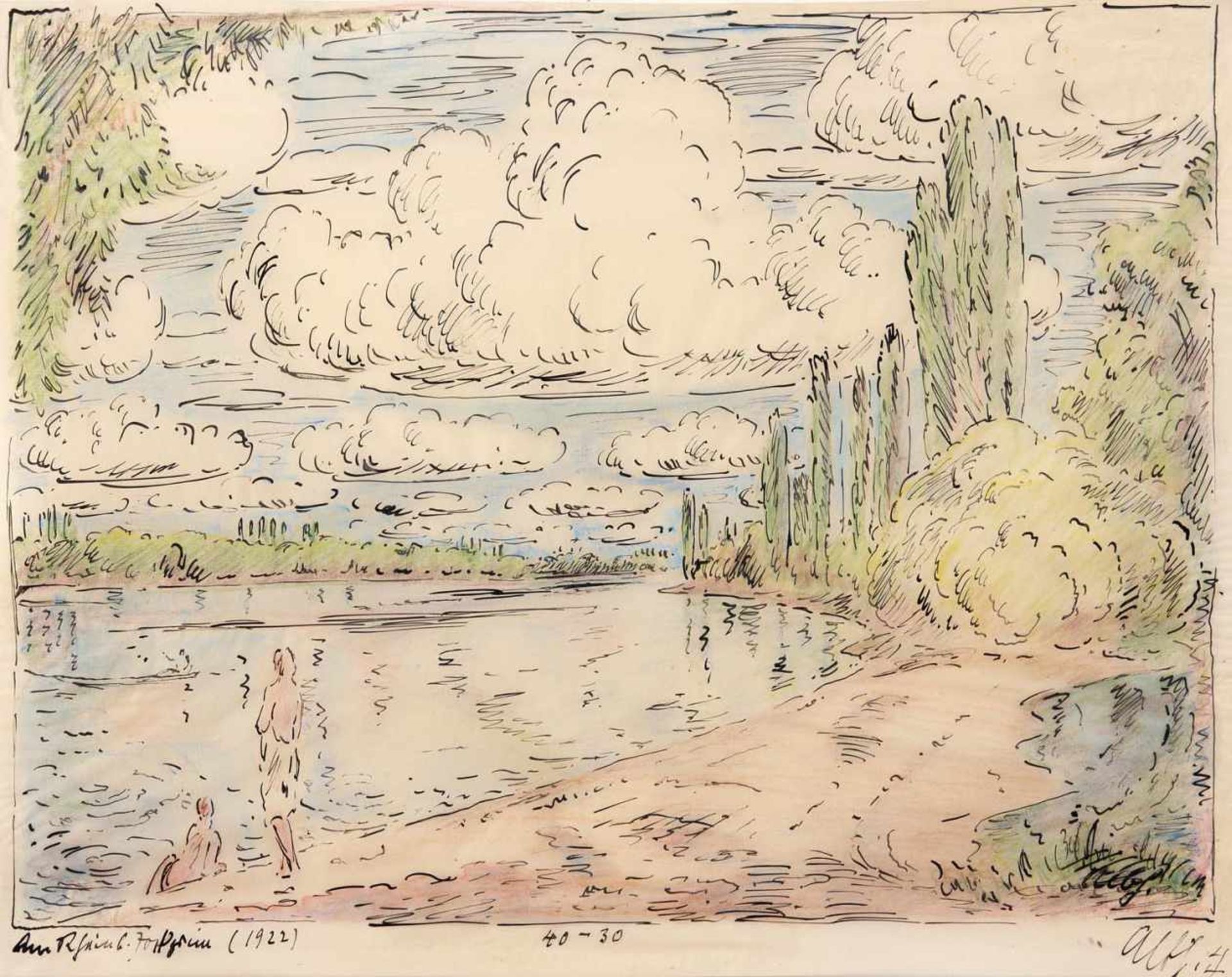 Haueisen, AlbertStuttgart, 1872 - Jockgrim, 195430 x 40 cm,o.R."Am Rhein", 1922. Farbstift über