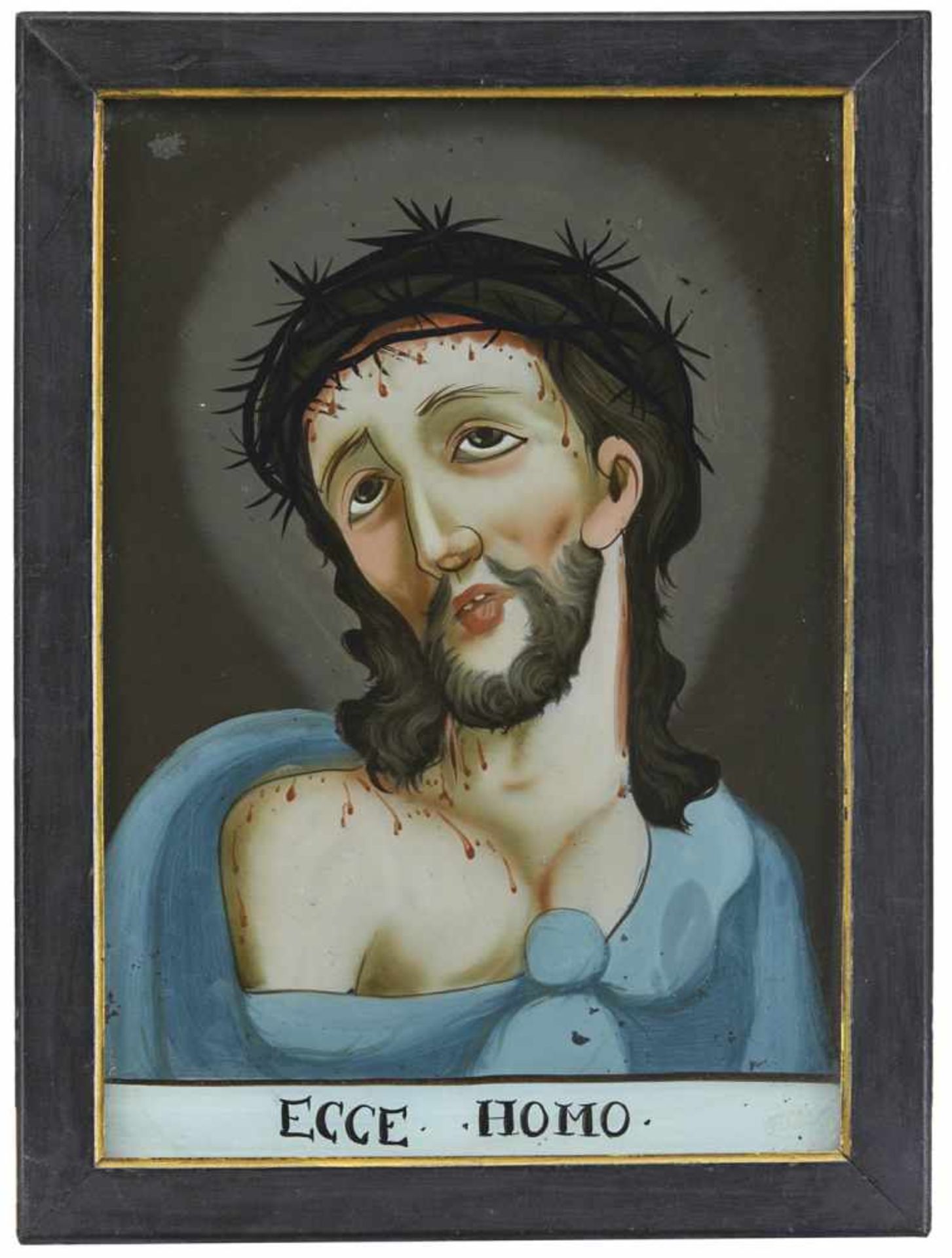 Hinterglasbild - Ecce HomoSüddeutsch, 19. Jahrhundert29 x 20 cmPolychrome Malerei hinter Glas mit