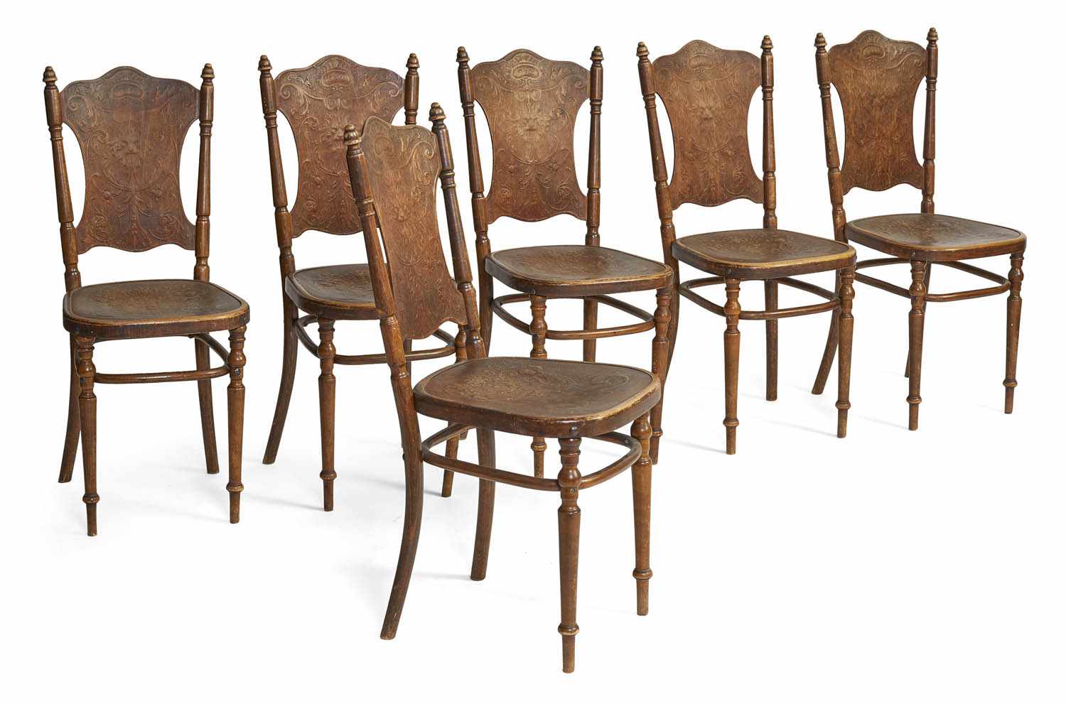 Satz von sechs Stühlen der JahrhundertwendeFischel, Wien/Niemes, um 1900H. 96 cmBuche. Geprägte