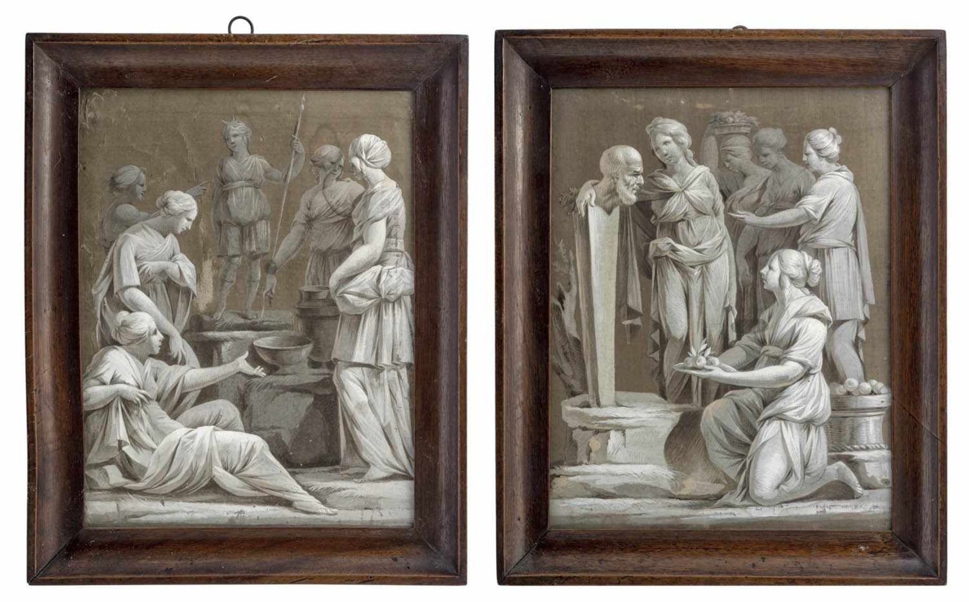 Paar klassizistische SeidenmalereienWohl Frankreich, um 180032x25 cmGrisaille-Malerei auf Seide.