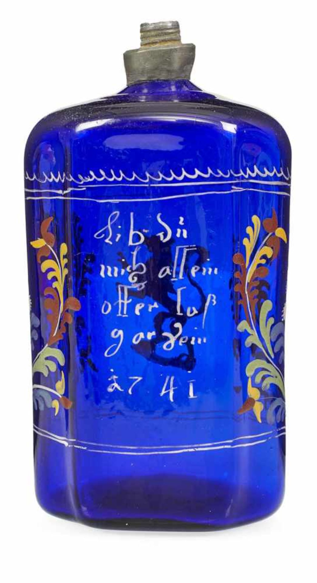 Schnapsflasche mit steigendem LöwenDeutsch oder Böhmen, datiert 1741H. 16,5 cmKobaltblaues Glas, - Bild 2 aus 2