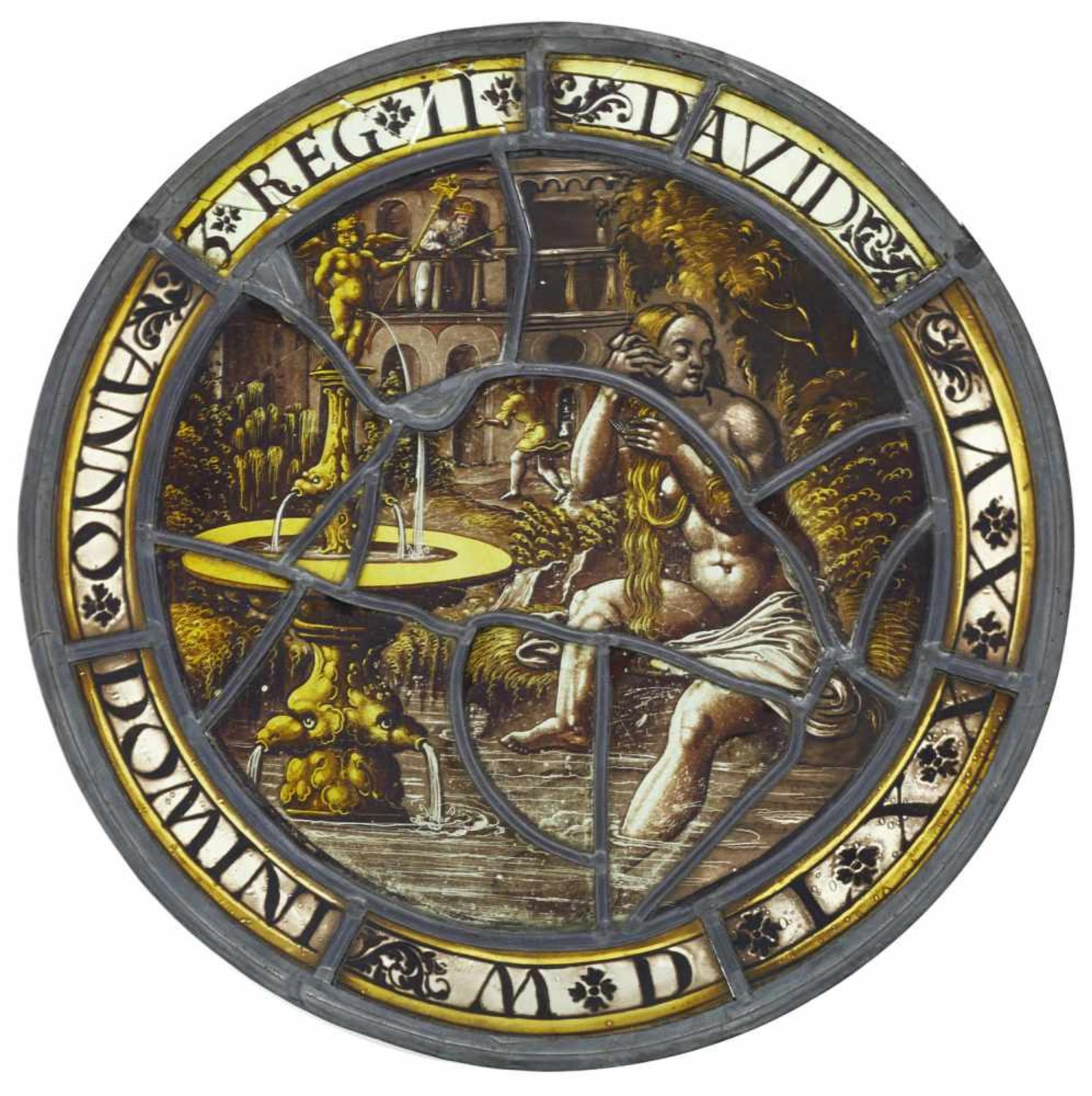 BleiglasscheibeSüddeutsch, datiert 1586D. 31,3 cmRundscheibe mit Bleimontierung. Bathseba am