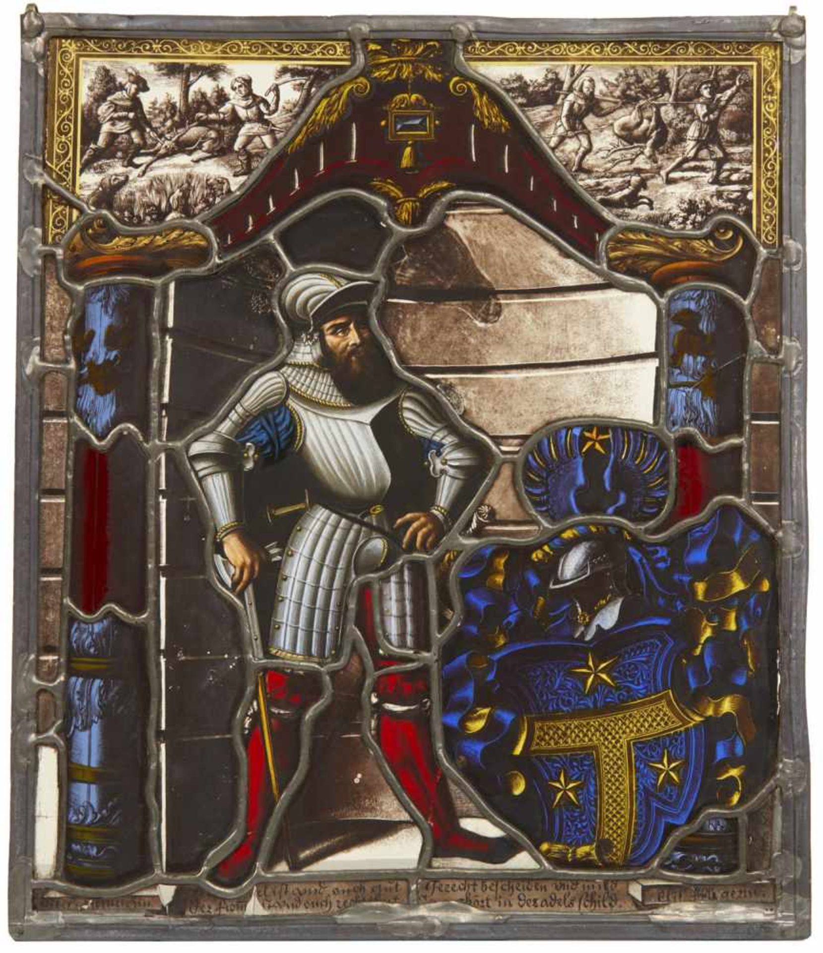 Bleiglasscheibe mit Ritter und WappendarstellungWohl Schweiz, 17. Jahrhundert34 x 28,5 cmZentrale
