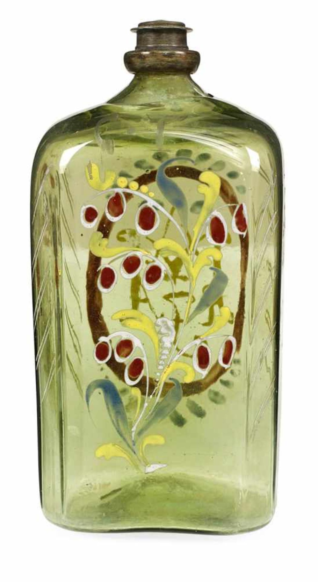 Schnapsflasche mit EmaillebemalungSüddeutsch, 18. JahrhundertH. 15,5 cmGrünes Glas mit Bodenabriß.