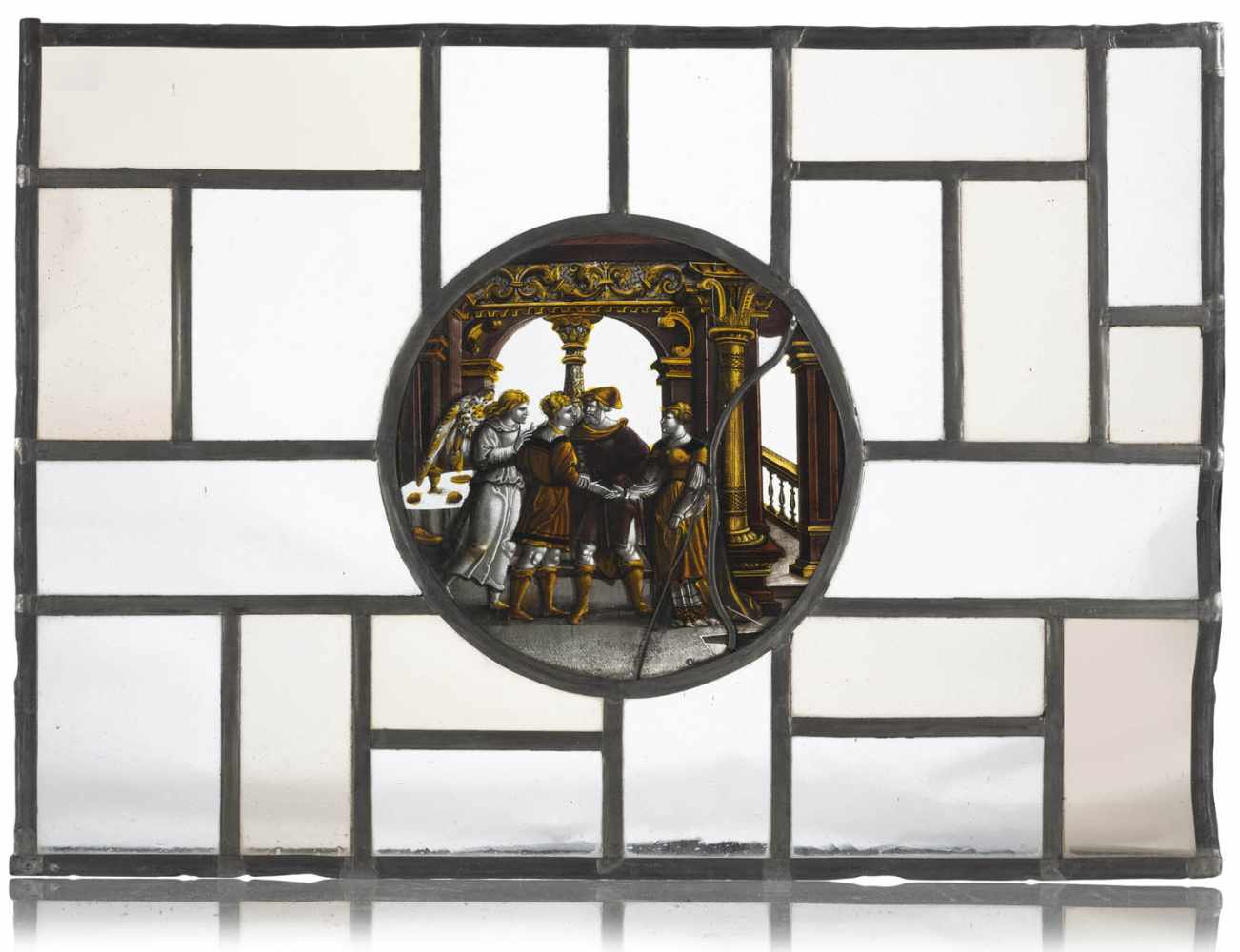 Bleiglasfenster17. Jahrhundert und späterD. 19/37x51 cmZentrale, runde Scheibe mit der Darstellung