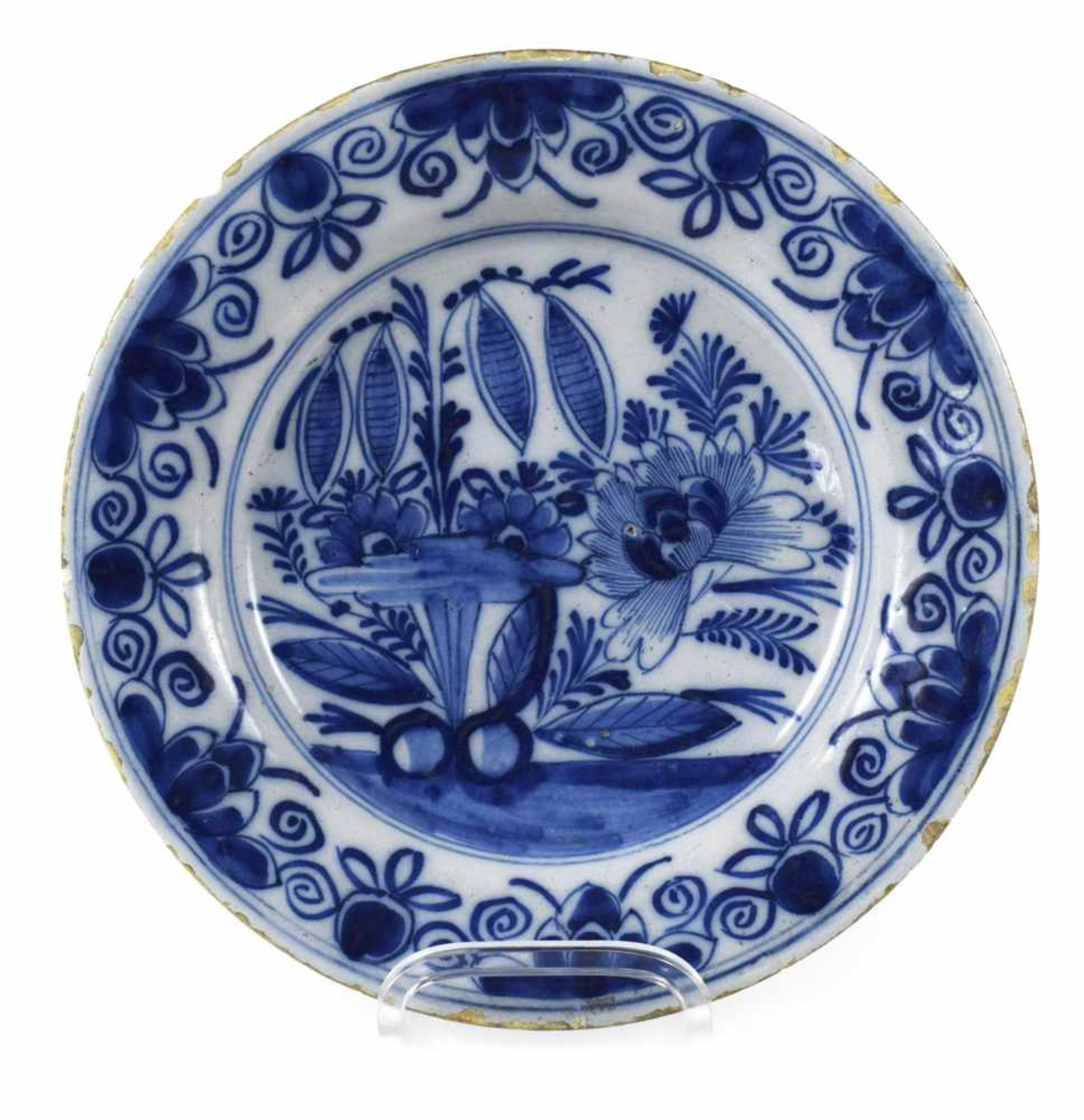 TELLER, BLAU-WEISS, DELFT,FLORALDEKOR, FAYENCED. 23 CM