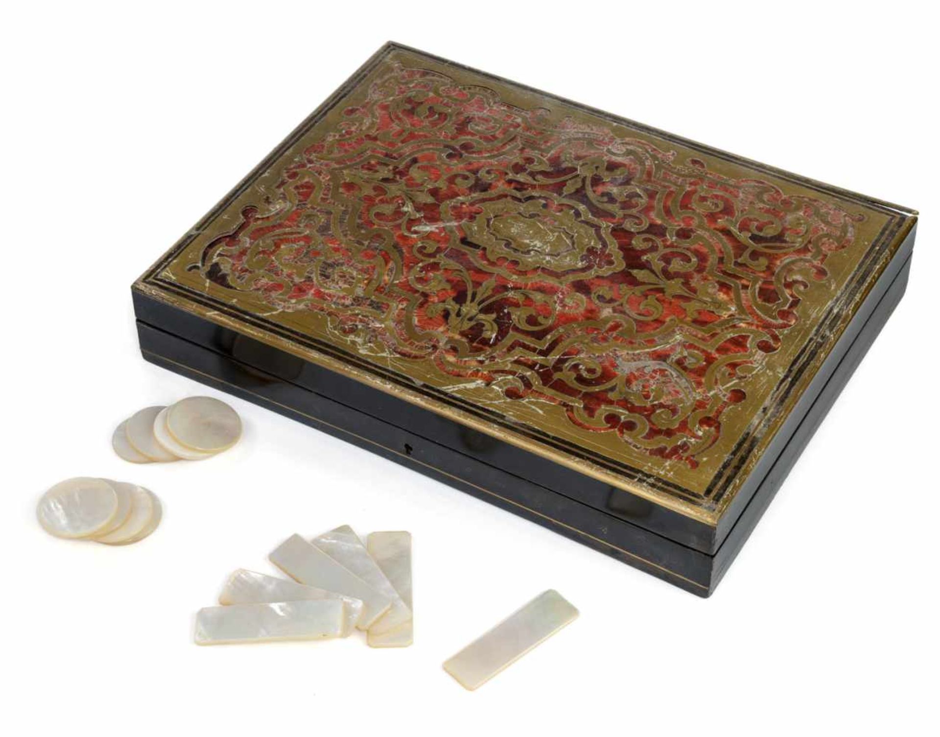 SPIELSCHATULLE MIT JETONS,BOULLE-STIL, 19. JAHRHUNDERT5X30X23 CM