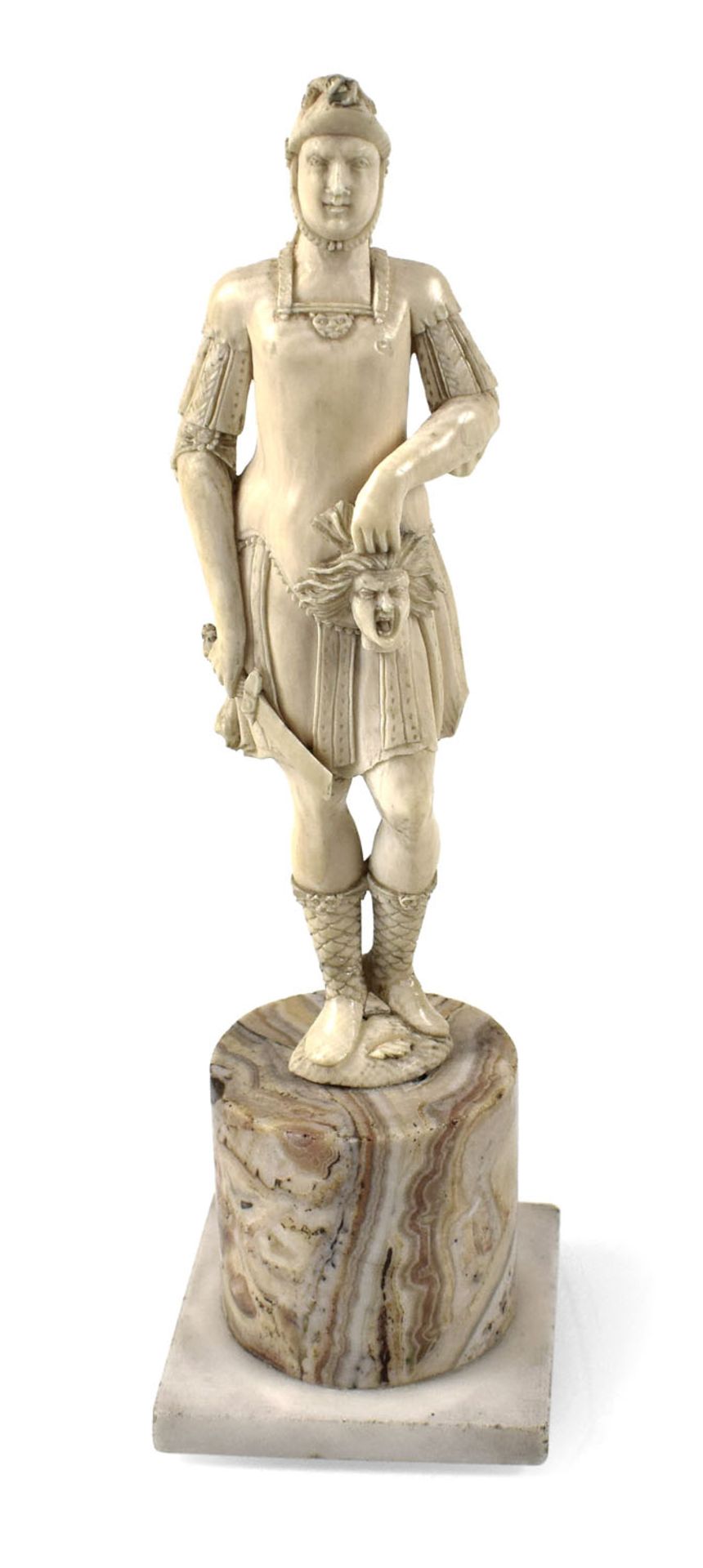 PERSEUS MIT DEM MEDUSENHAUPT19.JH., ELFENBEIN, MARMORSÄULEH. 16/22 CM