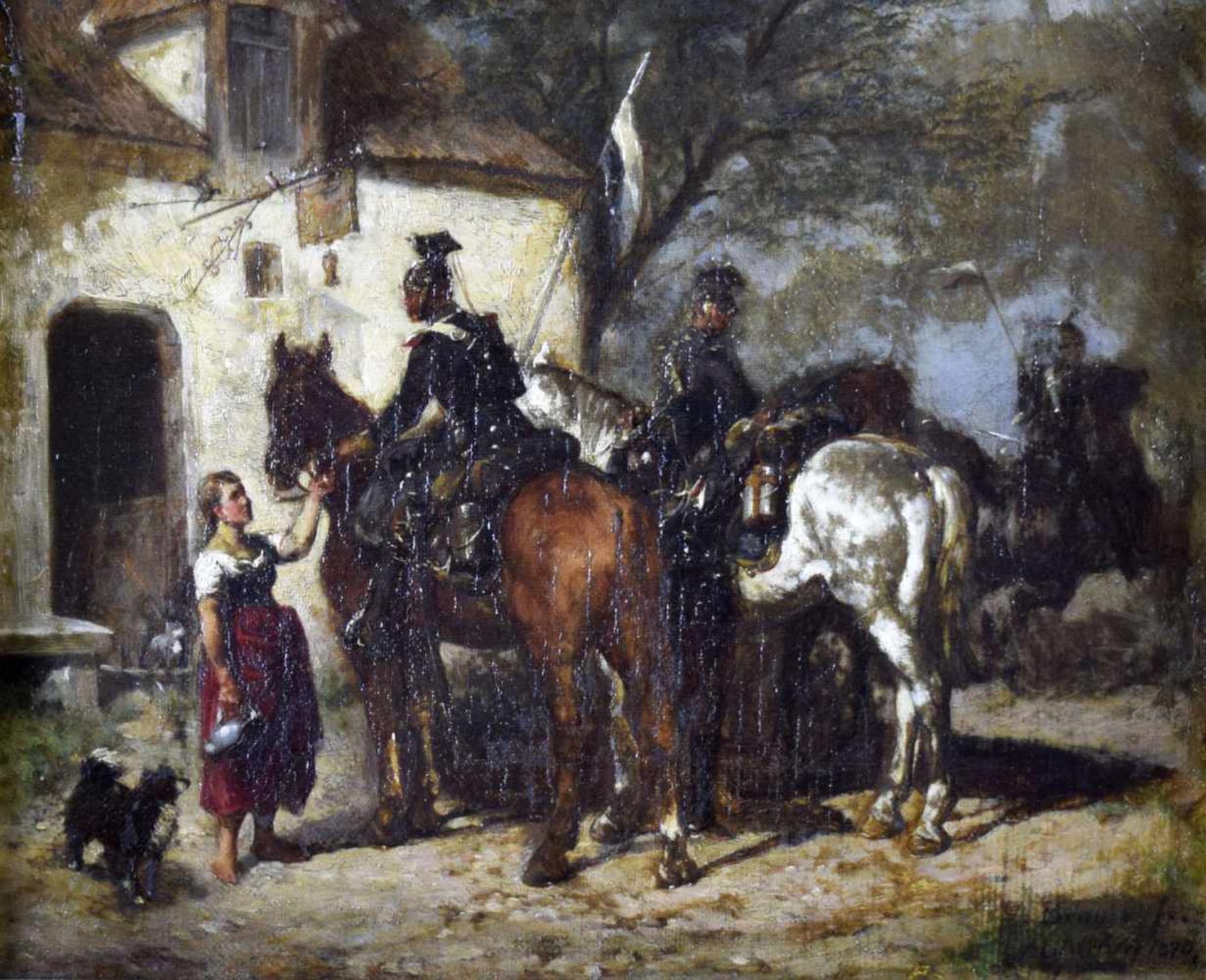 BEZ. L. BRAUN MÜNCHEN 1870ULANEN VOR WIRTSHAUS22 X 27 CM